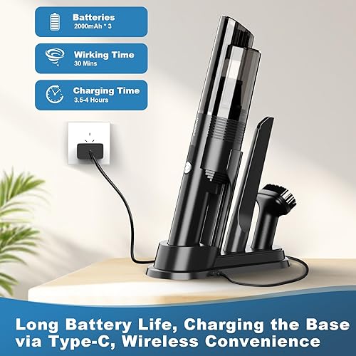 Miniatura 5 de Aspiradora de mano inalámbrica, portátil con 2 velocidades, potente aspiradora de succión de 10 KPA con base de carga, mini aspiradora de mano 4 en