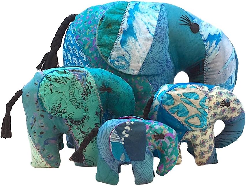 Silk Sari Stuffed Elephant - 8 inches x 10 inches Jumbo Size - Stuffed Animal Toy - Made from Recycled Indian Silk Sari Fabric (Teal)
