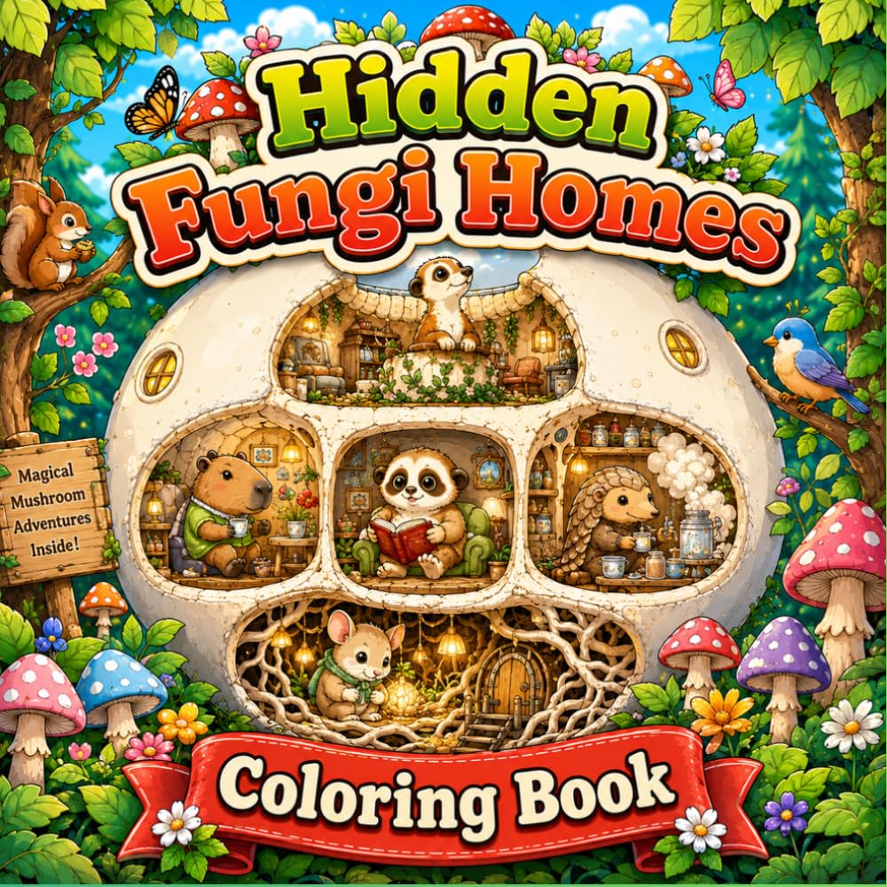 Hidden Fungi Homes Coloring Book with Cozy Mushroom Cottages, Cute Woodland Animals, Enchanted Forest Scenes, and Magical Fantasy Adventures