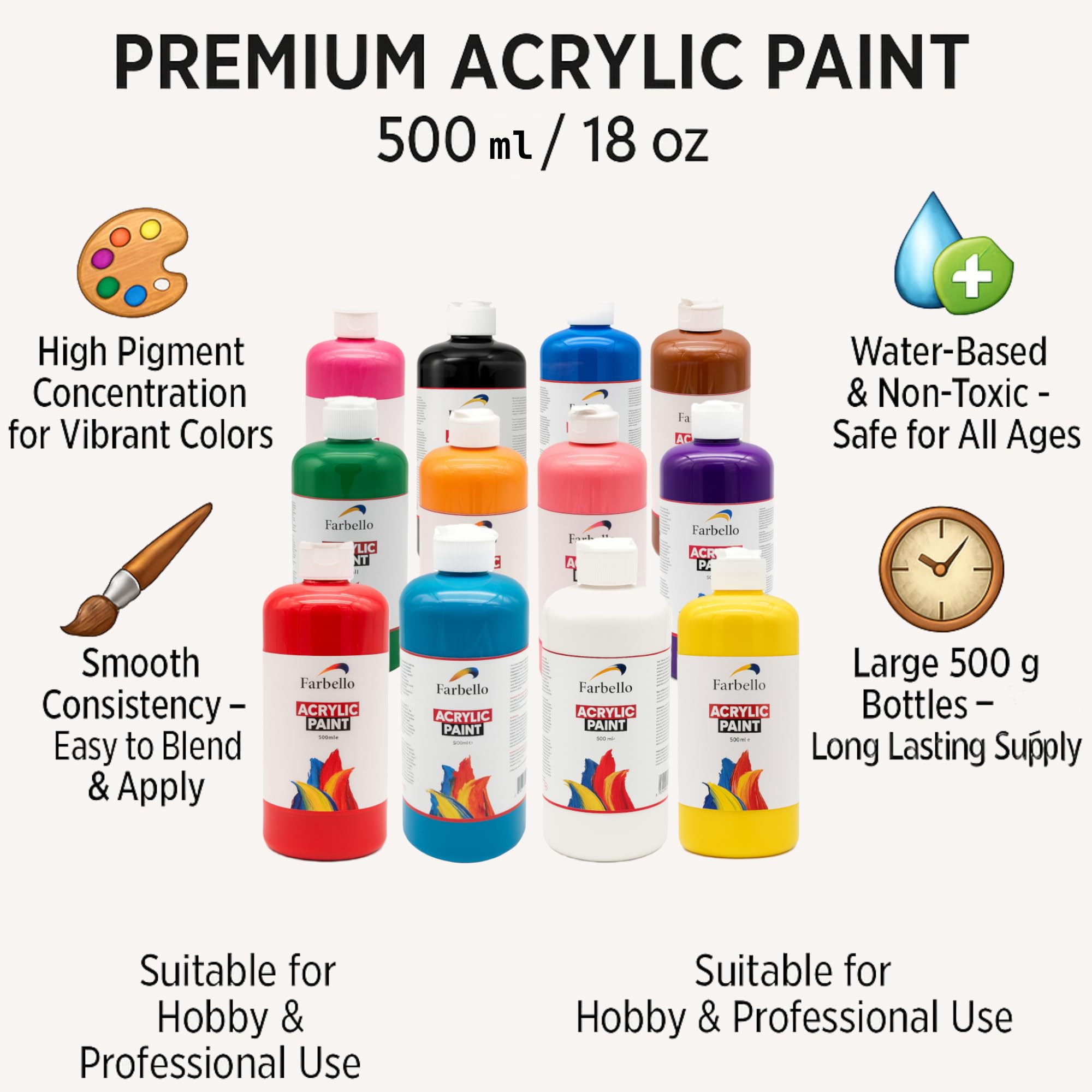 Juego de 12 pinturas acrílicas de 500 g de alta calidad para madera, piedra, lienzo, cartón para pintar, papel, tela, cuero, metal, pouring, multiusos, 12 x 500 g