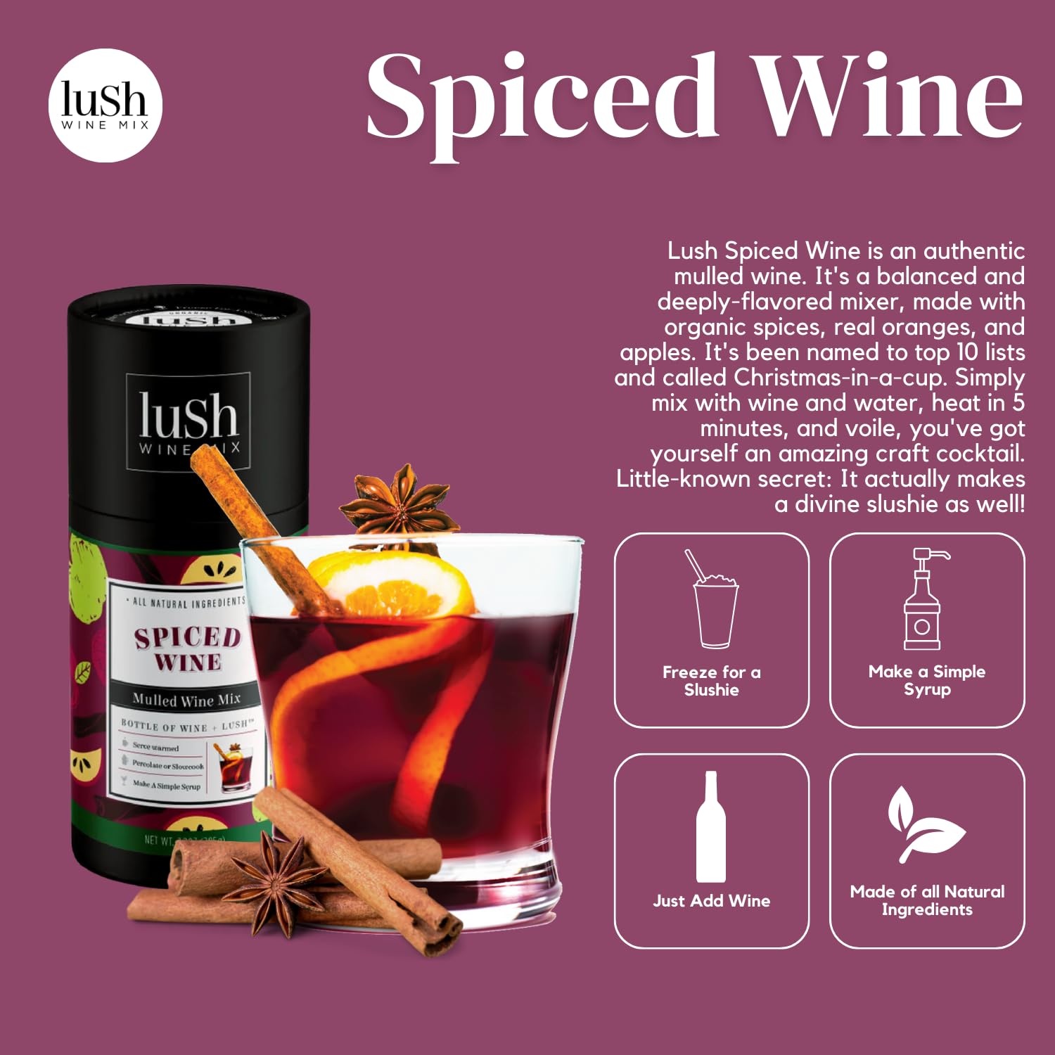 Lush Wine Mix, Holiday Spiced Wine, Makes 24+ Drinks, Organic Cocktail Mixers, Mocktails Non-Alcoholic Drinks, Mulled Apple Cider, Traditional Mulling Spices, Instant, Gluhwein, Sachet Bag - 3 Pack