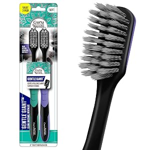 GuruNanda Gentle Giant Charcoal Toothbrush - Dual Action Flossing Spiral Bristles Non-Slip Ergo Dexa Grip Handle Helps in