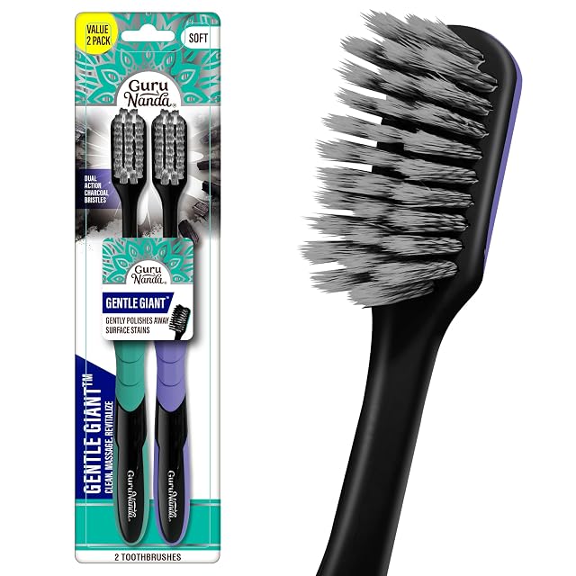 GuruNanda Gentle Giant Charcoal Toothbrush - Dual Action Flossing Spiral Bristles Non-Slip Ergo Dexa Grip Handle Helps in