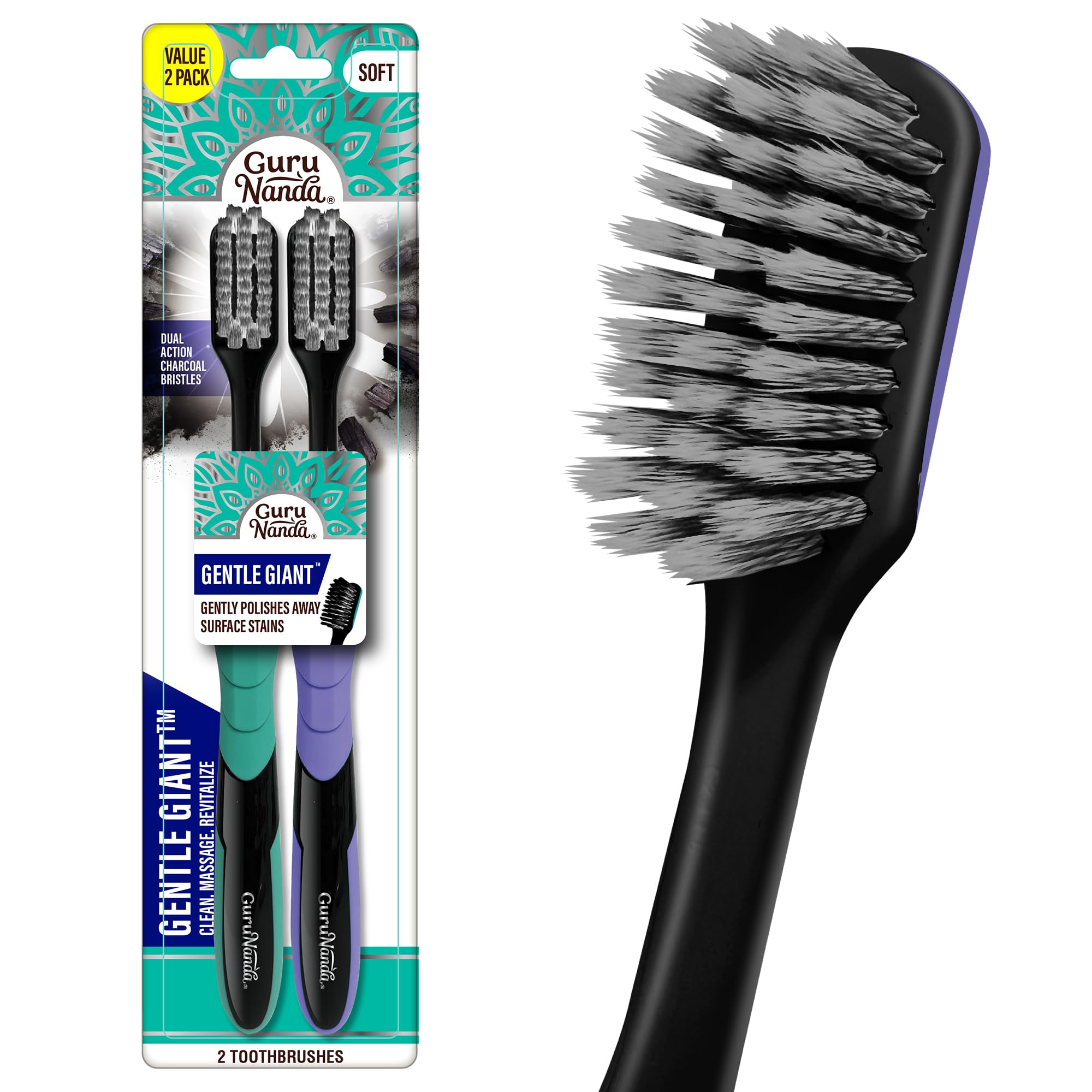 GuruNanda Gentle Giant Charcoal Toothbrush - Dual Action Flossing Spiral Bristles, Non-Slip Ergo Dexa Grip Handle, Helps in Teeth Whitening, BPA Free,