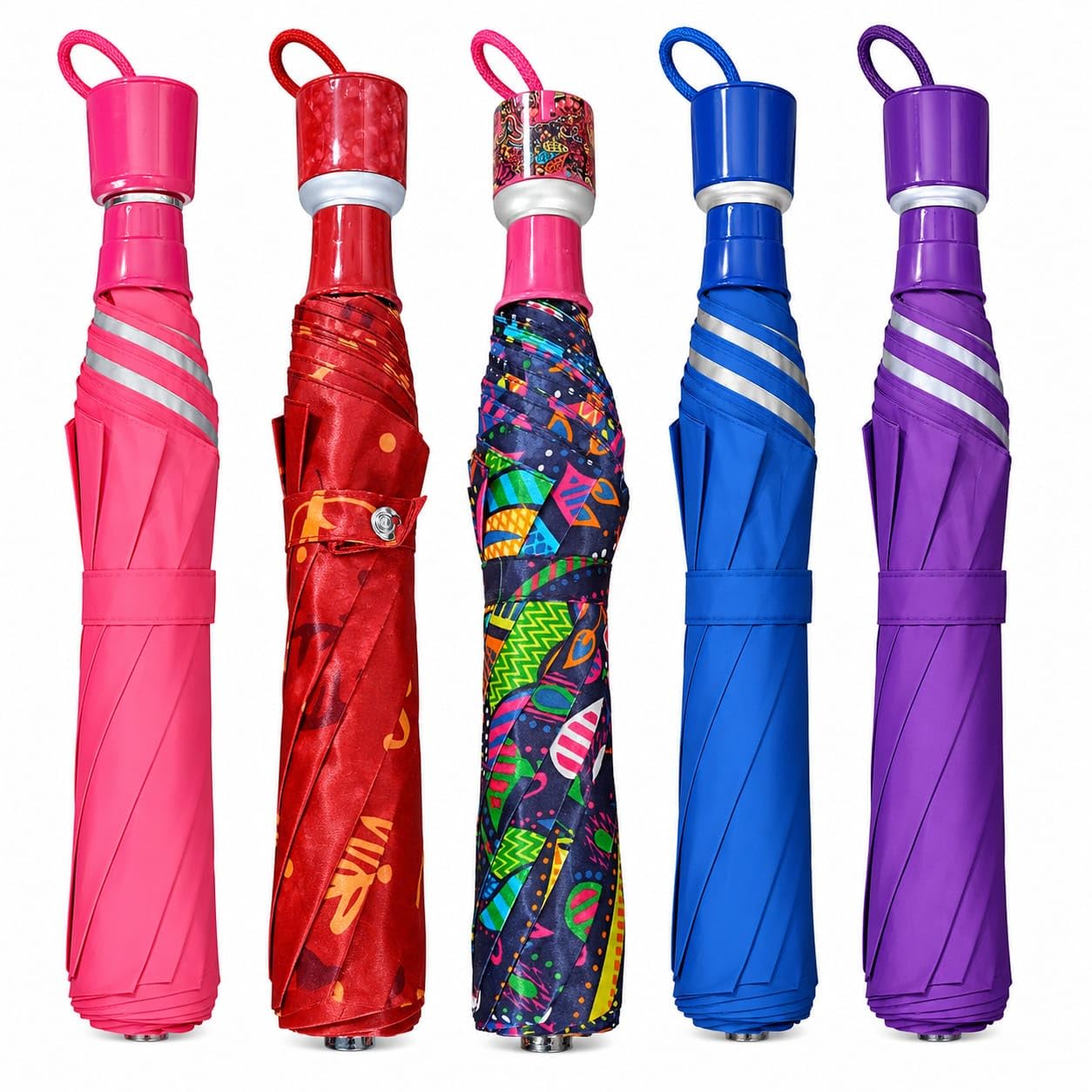 Compact Folding Umbrella with Reflective Strip, Multicolour PACK OF 1 ANY COLOUR CLUN™-image-18