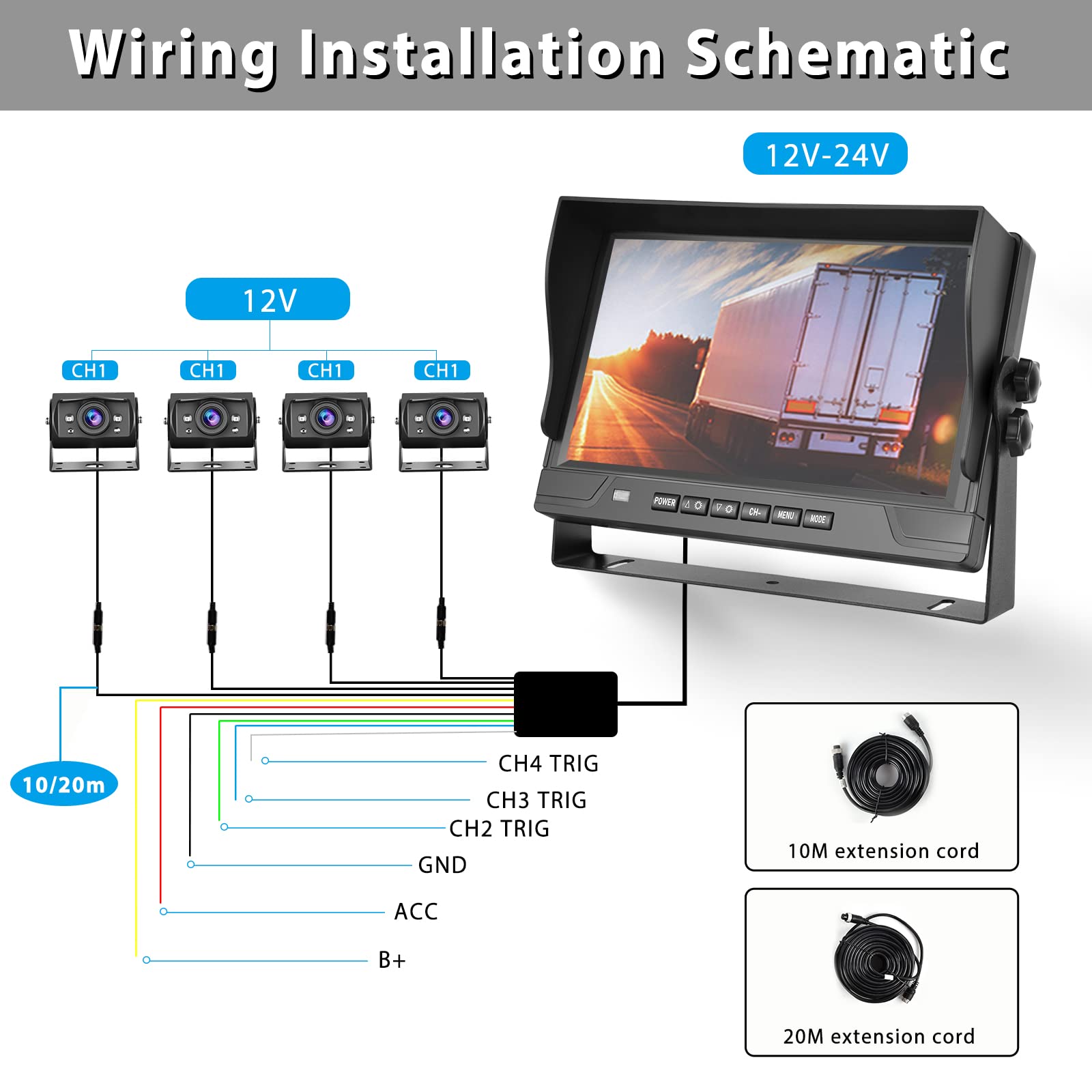 Caméra de Recul Véhicule 1080P avec DVR 9 Pouces Moniteurs 4 écrans Dvisés, 4 Caméras AHD IP68 étanches Vision Nocturne, Hodozzy Caméra Avant Arrière Latérale avec Câble 2*10 m et 2*20 m, pour Camion