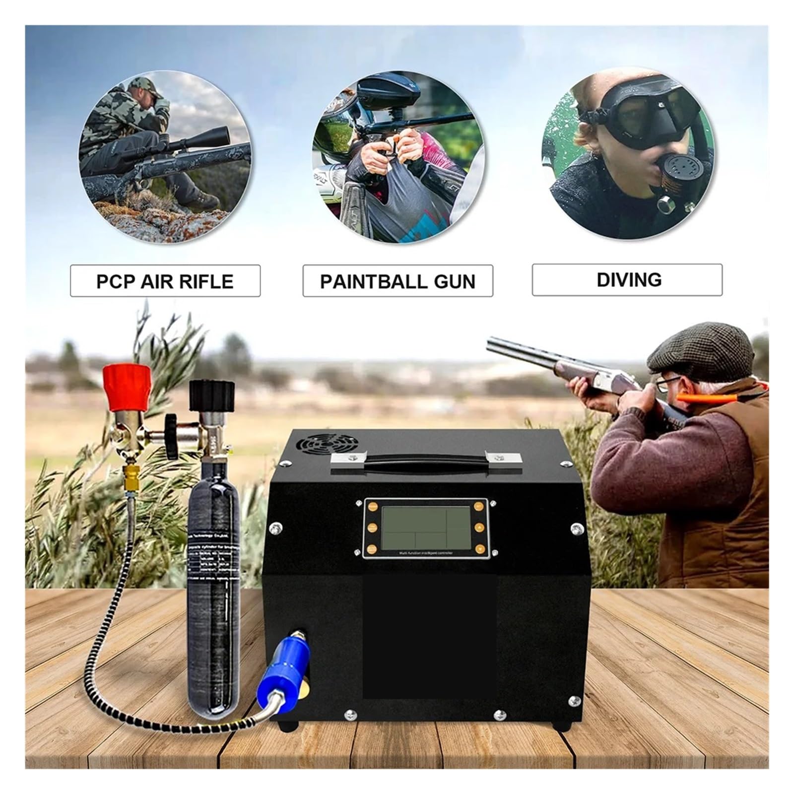 Pompka Powietrza, Pompa Inflacyjna LCD 12 V 4500 Psi 300 Barów, Chłodzona Powietrzem, Wysokociśnieniowa, Elektryczna
