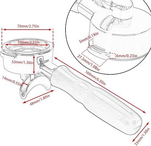 Miniatura 4 de Portafiltro espresso de 2.283 in compatible con La Marzocco, doble boquilla 2 orejas, cabeza de acero inoxidable y cesta de filtro y mango de madera