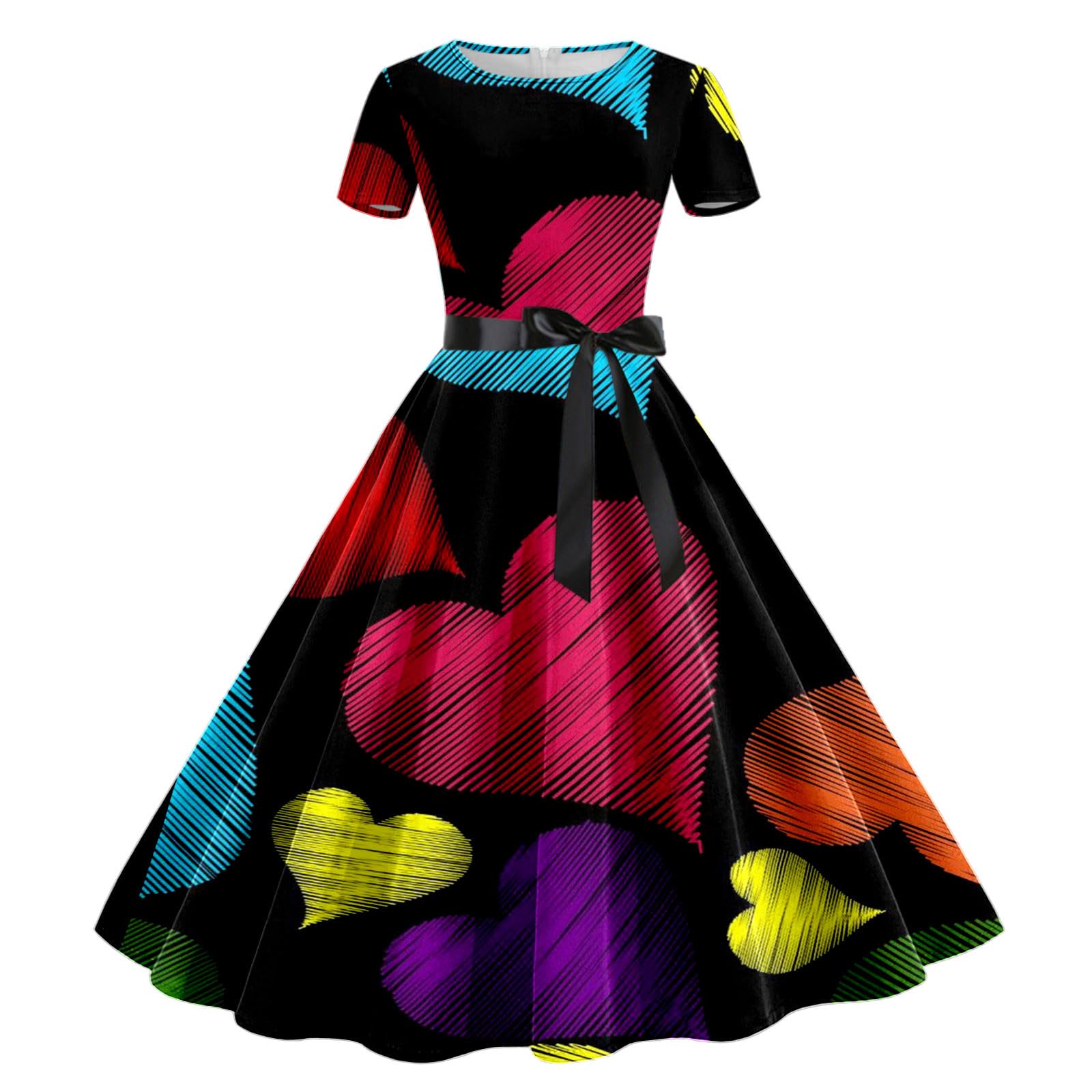 YOGALULU Vestidos Volantes Mujer de ama de casa de Manga Corta con Estampado del día de San Valentín para Mujer Modelos De Vestidos
