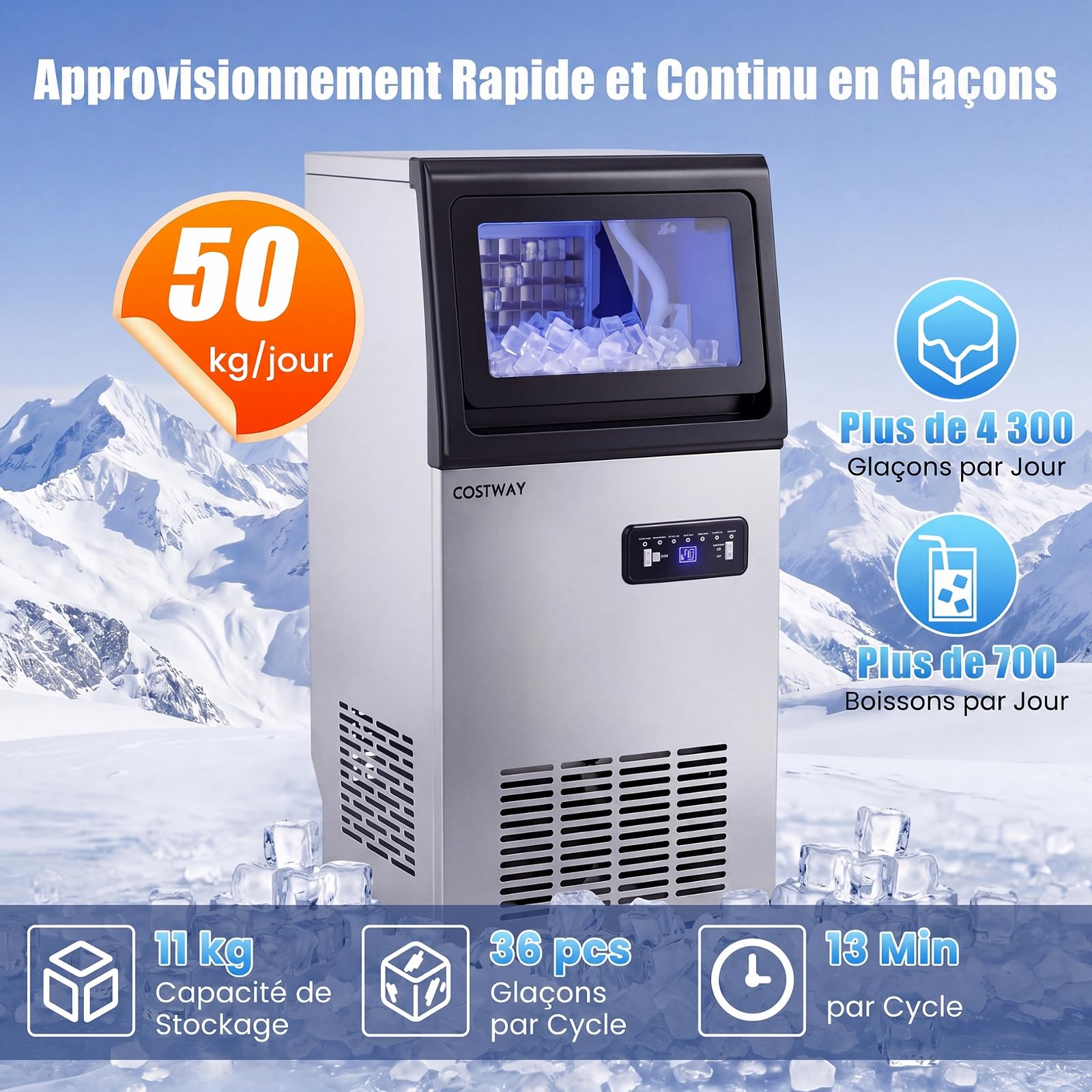 COSTWAY Machine a Glacons Commerciale 50kg en 24h, Maison Bureau Restaurant | Appareil à Glaçons Autoportant Inox à Affichage avec Minuterie, Stockage 11kg, 36 Cubes en 13 Min, Filtre et Autonettoyant