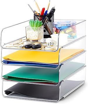 Juexica 4 Pcs Stackable Clear Letter Trays Organizer for Desk A4 Size File Paper Organizer Acrylic Desk Organizer Trays with Anti Skid Bottom for Home Office School (Vertical Opening Style)