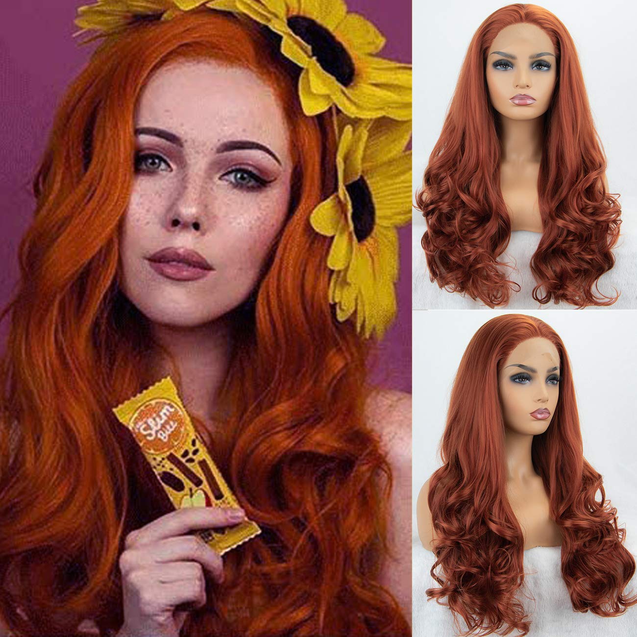 K'ryssma Fashion Women's #360 Copper Red Lace Front Wigs Synthetic Glueless Long Wavy Free Part Half Hand Tied Replacement Full Wigs For Halloween Heat Resistant 24 inches