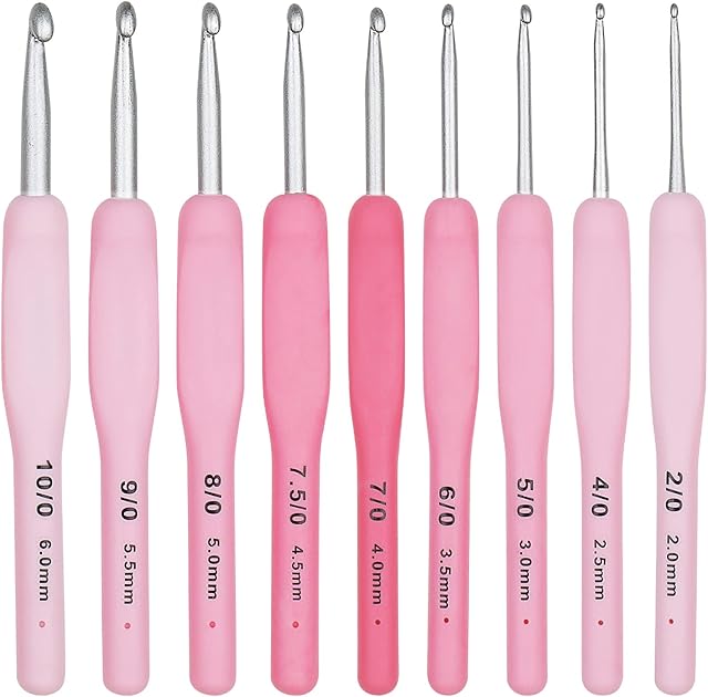 Aeelike Crochet Hooks Sets Soft Grip Pink, Ergonomic Crochet Hooks Set for Arthritic Hands, 9 Pack 2.0-6.0 mm Metal Rubber Handle Crochet Needles Set, Aluminium Crochet Set for Beginners Adults