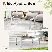 Vista 7 de Tangkula Mesa de centro de aluminio para exteriores, moderna mesa de cóctel rectangular con mesa de madera de plástico y marco de aluminio