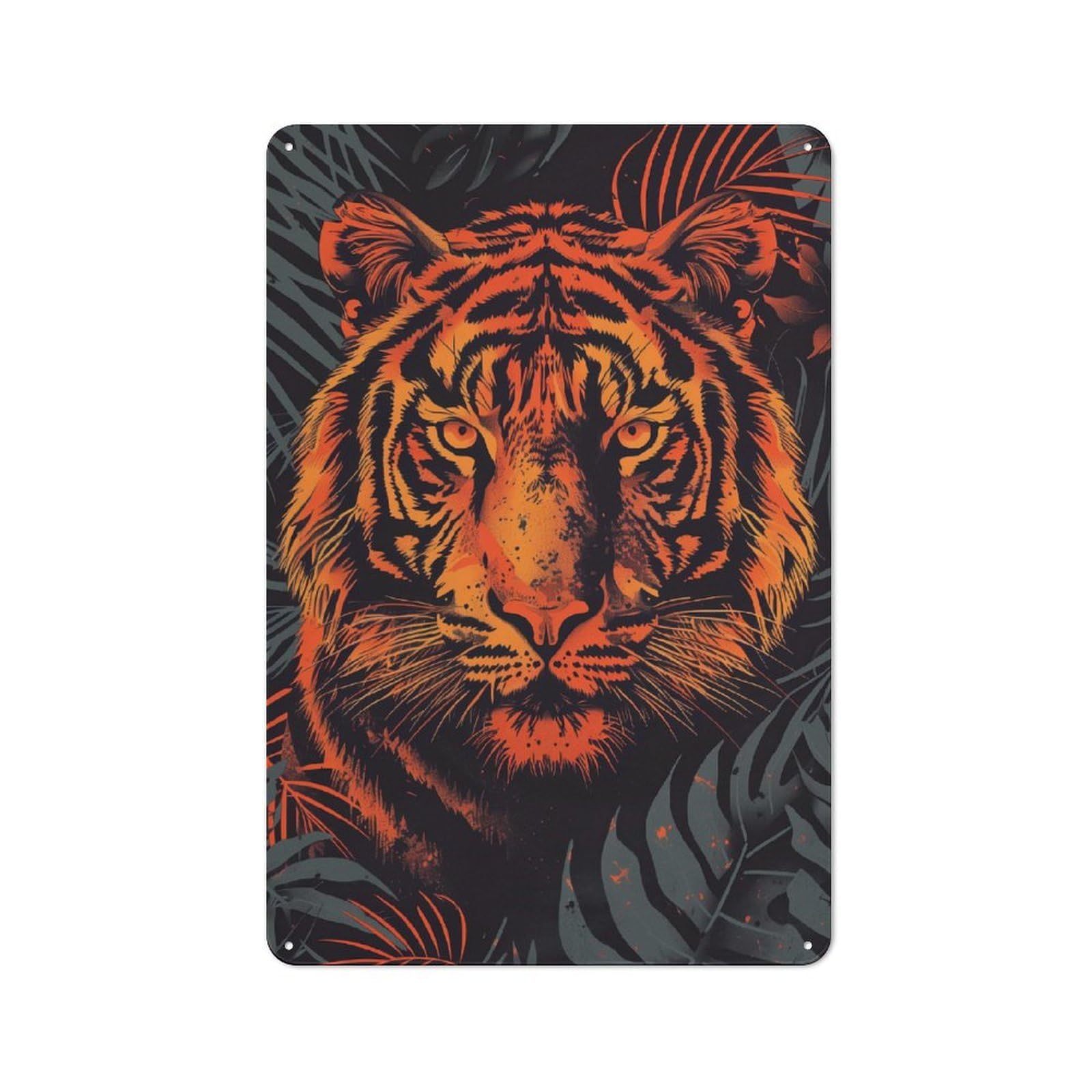 Junmoney Fierce Tiger Vector Portrait With Jungle Back Drop Retro Tin Sign 30X20cm For Home Office Or Studio, Suited To Home Office Decor Fans