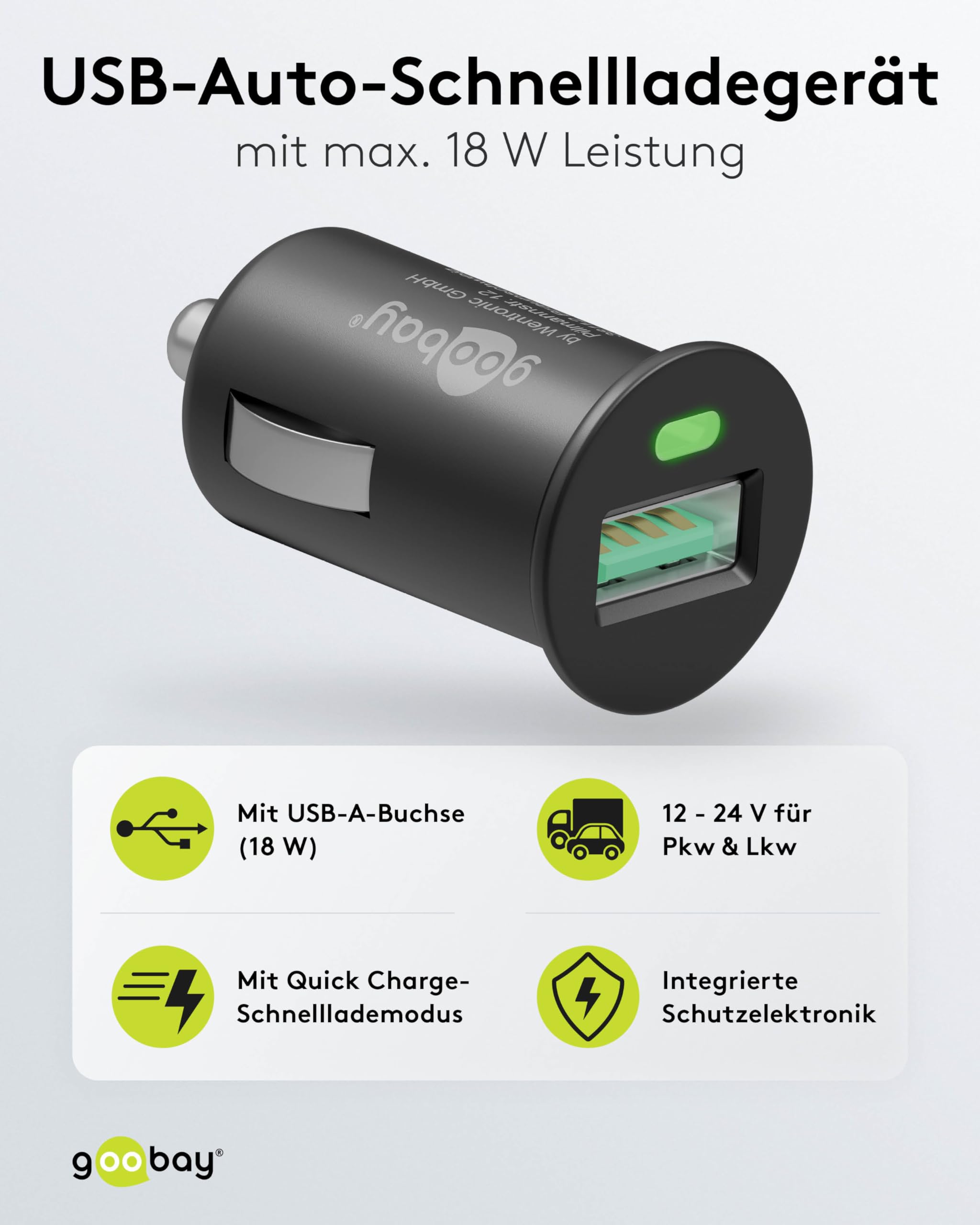 Goobay 45162 Quick Charge Ładowarka Samochodowa - USB do Gniazda Zapalniczki, Adapter 12 V/24 V, Mini Adapter USB Ładowarka Samochodowa Wtyczka do Szybkiego Ładowania 18 W