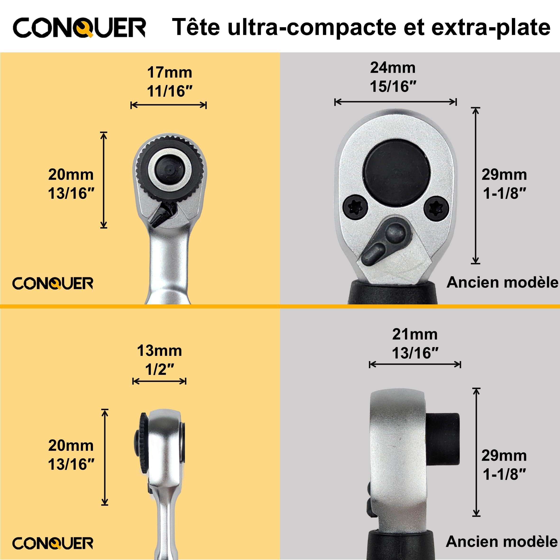 CONQUER Clé à Cliquet 1/4" Mini, Tête Double Ultra-Basse Profil, Résistance au Retour Ultra-Faible 72 Dents 5°, Outil Compact Mécanicien pour Espaces Moteur Étroits, Douilles et Embouts Hex EDC