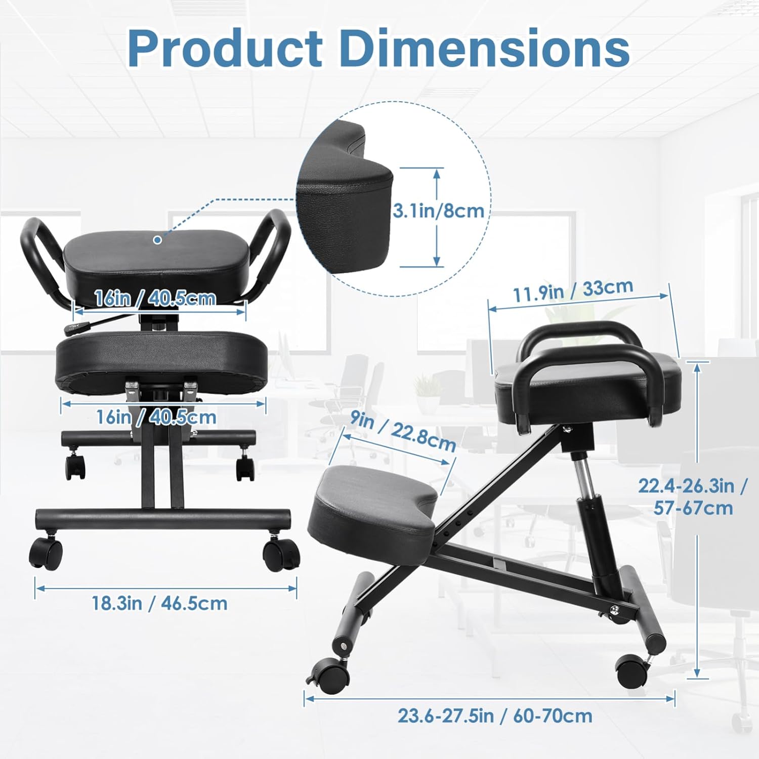 Kneeling Chair Ergonomic with Armrests Locking Casters 22.4"-26.3" Height-Adjustable Postures Seat 220 Lbs for Home Office Meditation Black
