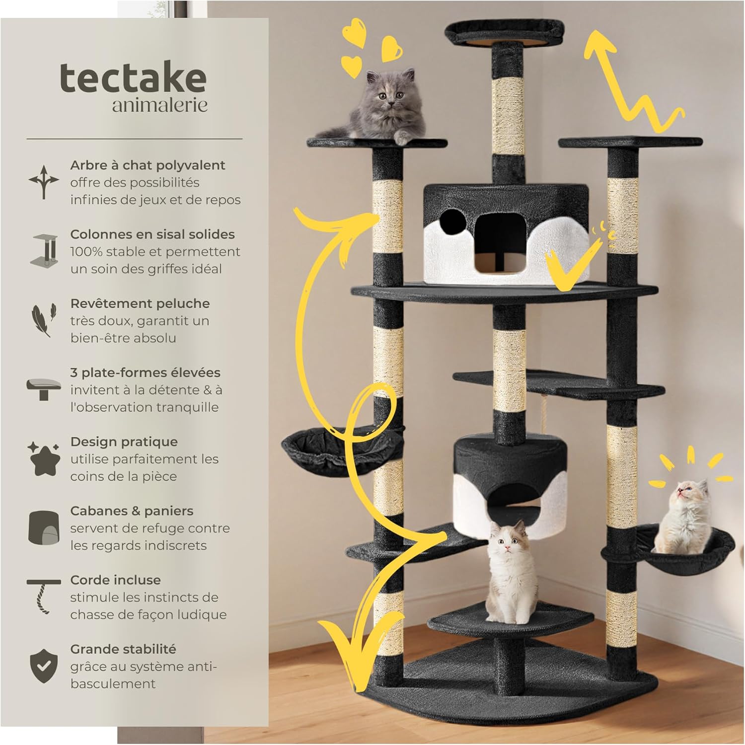 Full view of the assembled tectake XXL Cat Tree FIPPI in black and white, positioned in a room.