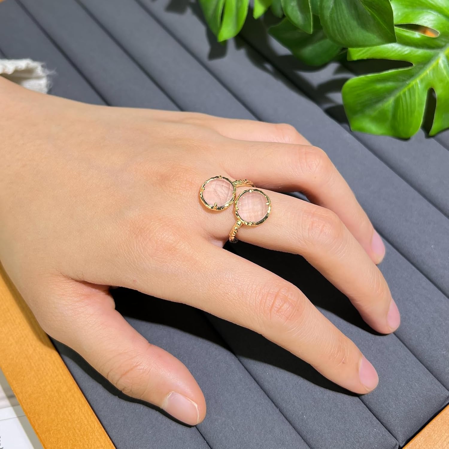 Crystal Rings, Natural Amazonite Rose Quartz Sunstone Amethyst Rings for Women, Double Round Faceted Gemstone Rings, 14K Gold Plated Adjustable Ring, Western Boho Vintage Rings for Mother. - Image 5