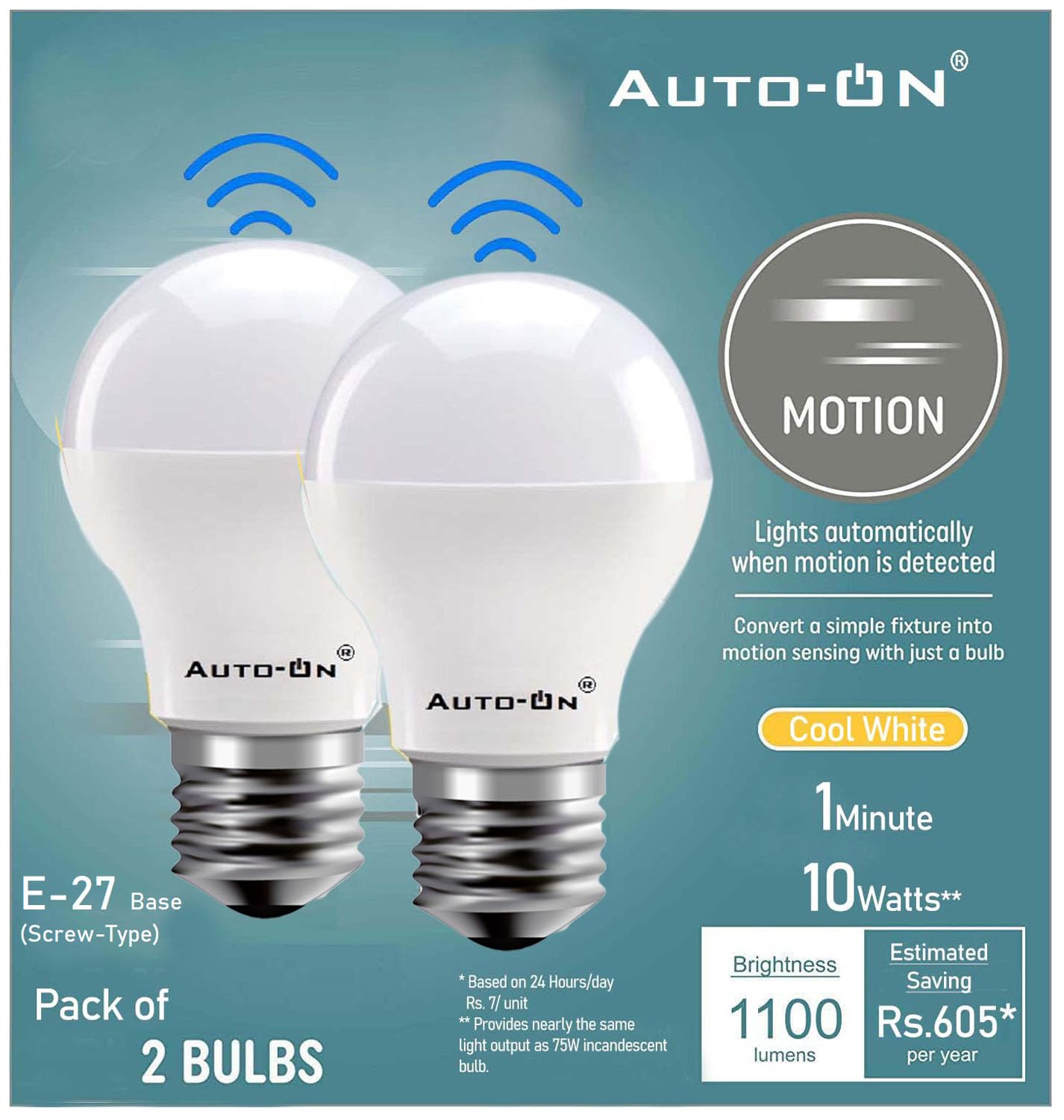 Auto-ON Motion Sensor LED Bulb With Screw Type - E27 (9W) (Automatic ON/OFF) (Works both during Day/Night) (Only Motion Sensong) (One Year Warranty) - (Cool White, Pack of 2)