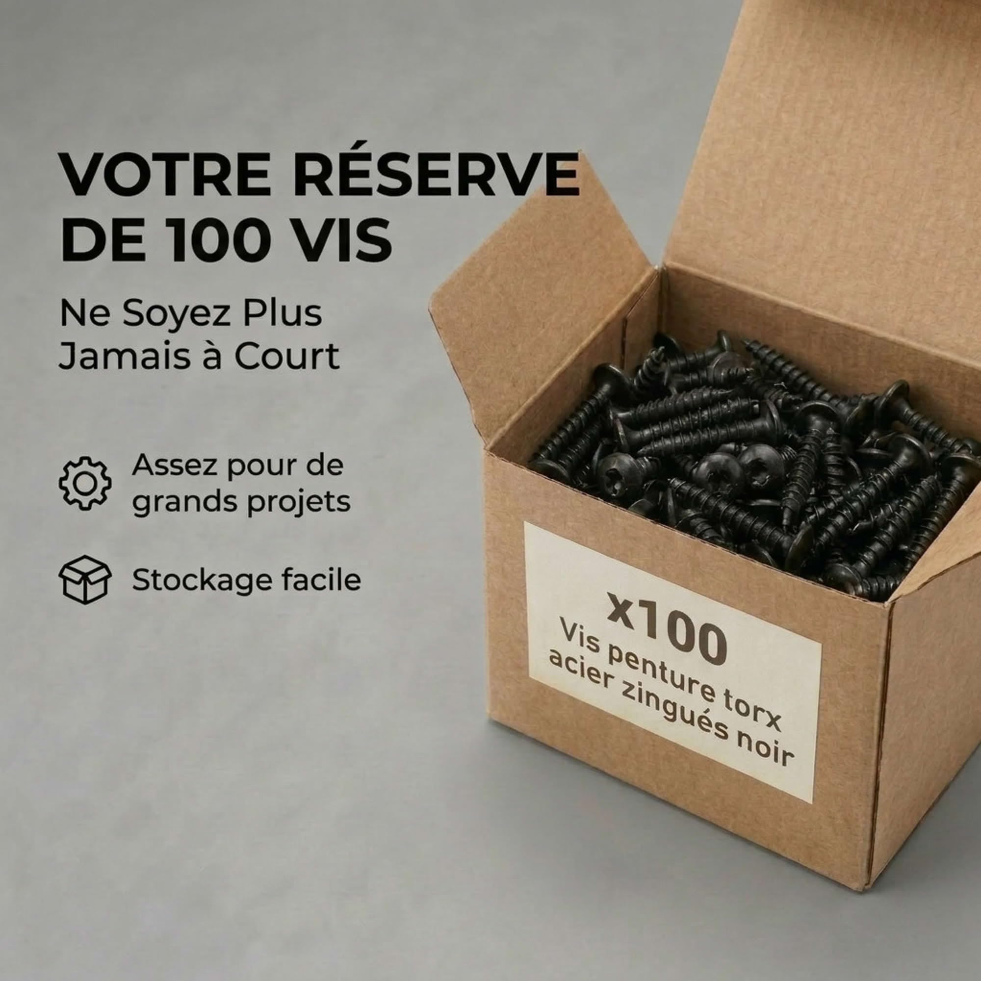 100 Vis Penture Torx acier zingués Noir 7,0 mm - Longueur 70 mm