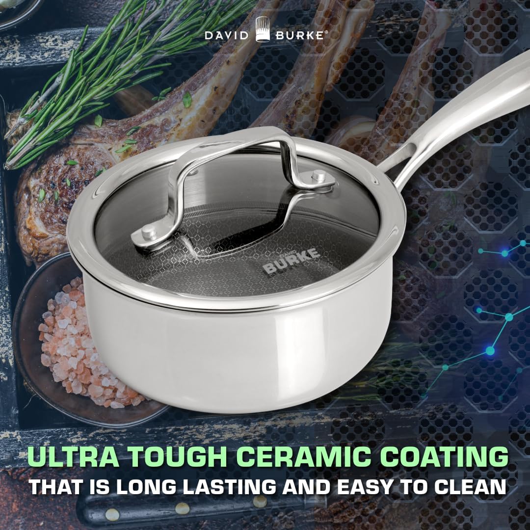 David Burke GeoClad Ceramic 12-Piece Cookware Set – Stainless Steel Sear Surface, Geometric Pattern, Tri-Ply Clad Body, PFOA-Free, Dk Gray/SS