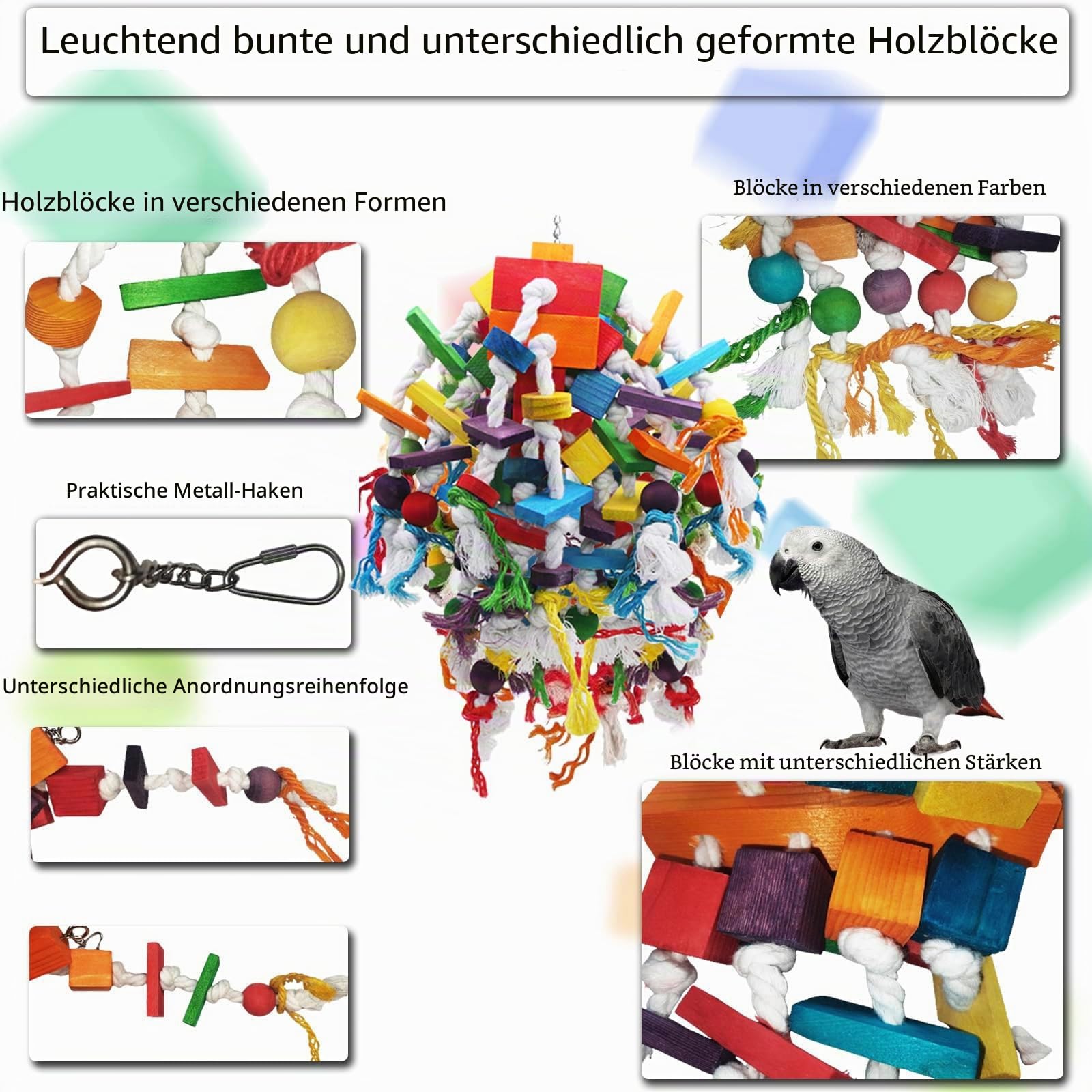 MQUPIN Großes Papagei Spielzeug Vogelspielzeug,Stark Kauendes Spielzeug Für Papagei100% Natürliche Mehrfarbige Holzblöcke,Papageien Spielzeug Für Große Mittelgroße Vögel,Aras,Graupapageienspielzeug