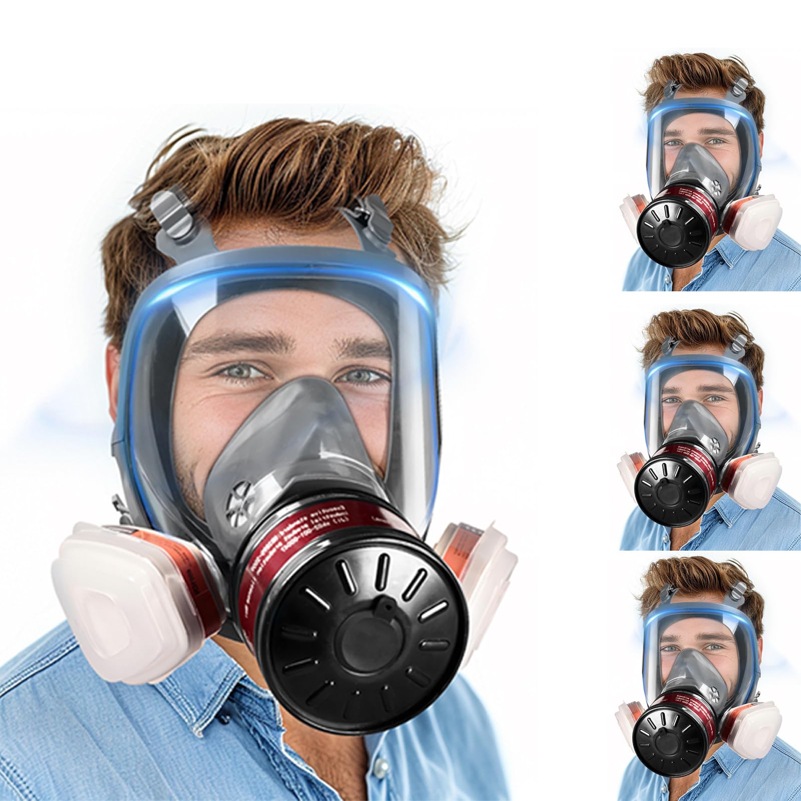 4 Pack Full Face Gas Masks - Gas Masks Survival Nuclear and Chemical with 40mm Activated Carbon Filter & 6001 Cartridges Reusable Respirator for Dust Welding Organic Vapor Painting Polishing