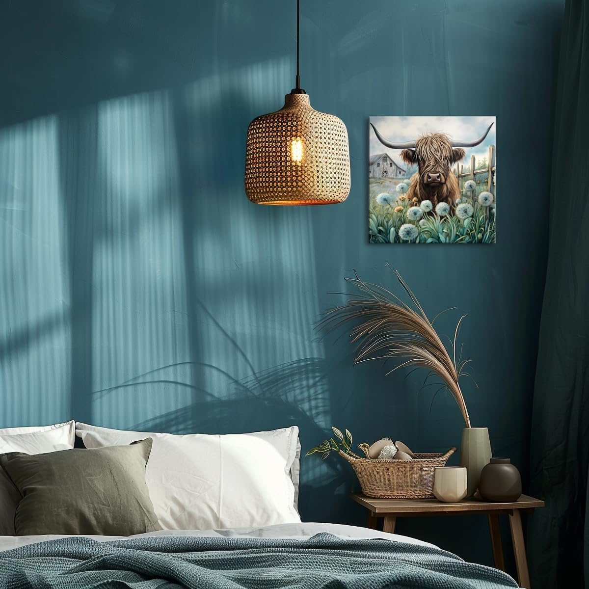 YUEYARIT Farmhouse Highland Cow Wall Decor in Teal and Brown: Rustic Cow and Dandelion picture Canvas Art Print, Gift for Bathroom or Kitchen, Ideal Animal Artwork for Living Room