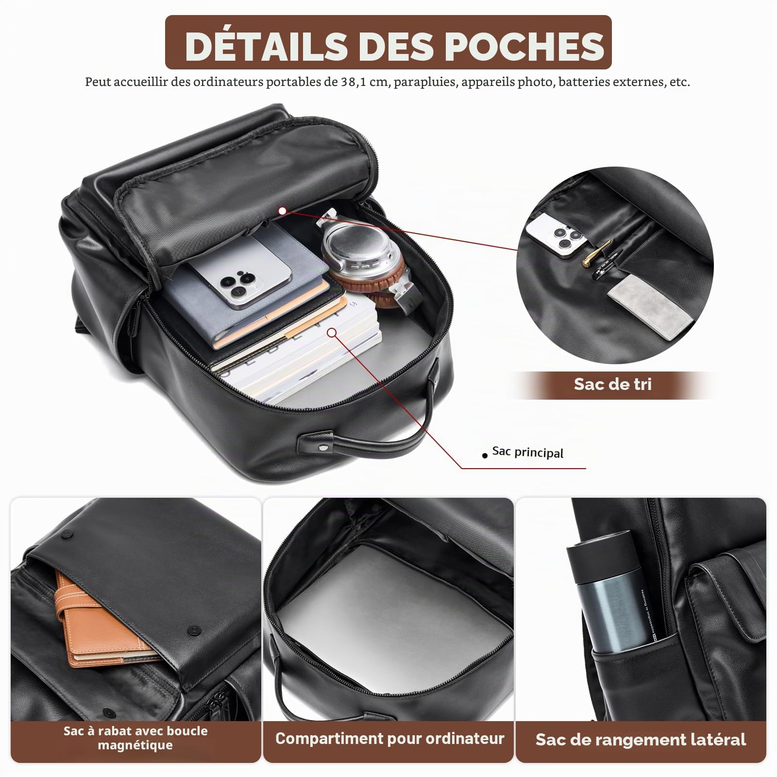 Sac a Dos Homme Cuir, Sac à Dos Ordinateur 15 Portable Cuir Imperméable,Sac a Dos Homme Femme Travail,Leather Backpack,Sac à Dos Mode Noir pour voyages,École,Bureau