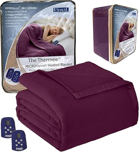 Shavel Home Products Manta acolchada eléctrica sólida de microfranela, Queen, color vino