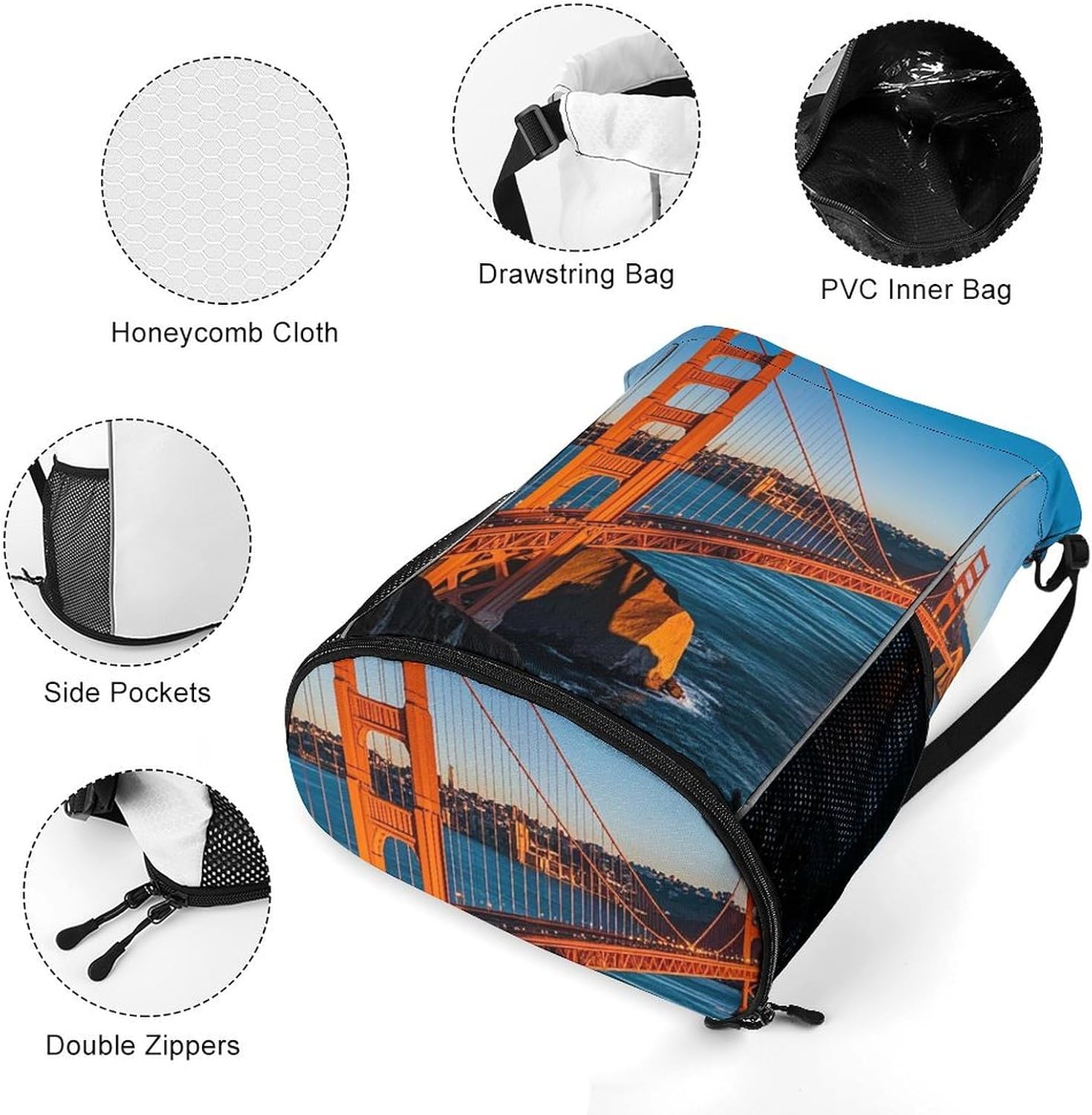 San Francisco Bay Bridge Drawstring Backpack with Shoe Compartment Swim Gym Bag Water-Resistant Backpack for Gym Sports Travel And Daily Use