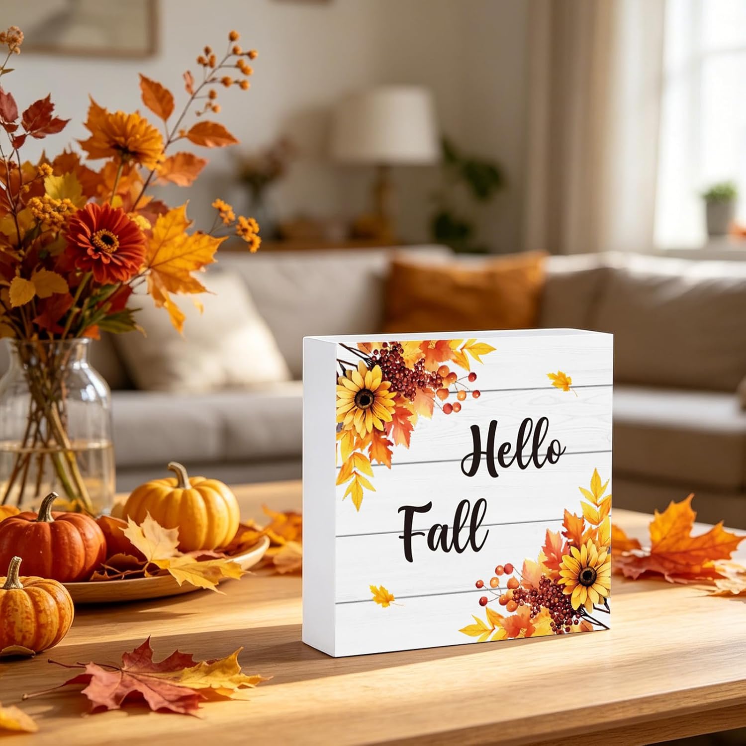 Fall Decorations for Home Fall Decor Bathroom Home Room Sunflower Leaves Table Wood Box Sign Rustic Wooden Shelf Desk Office Decor Season Sign House Warming Gifts 5.9 x 5.9 Inch