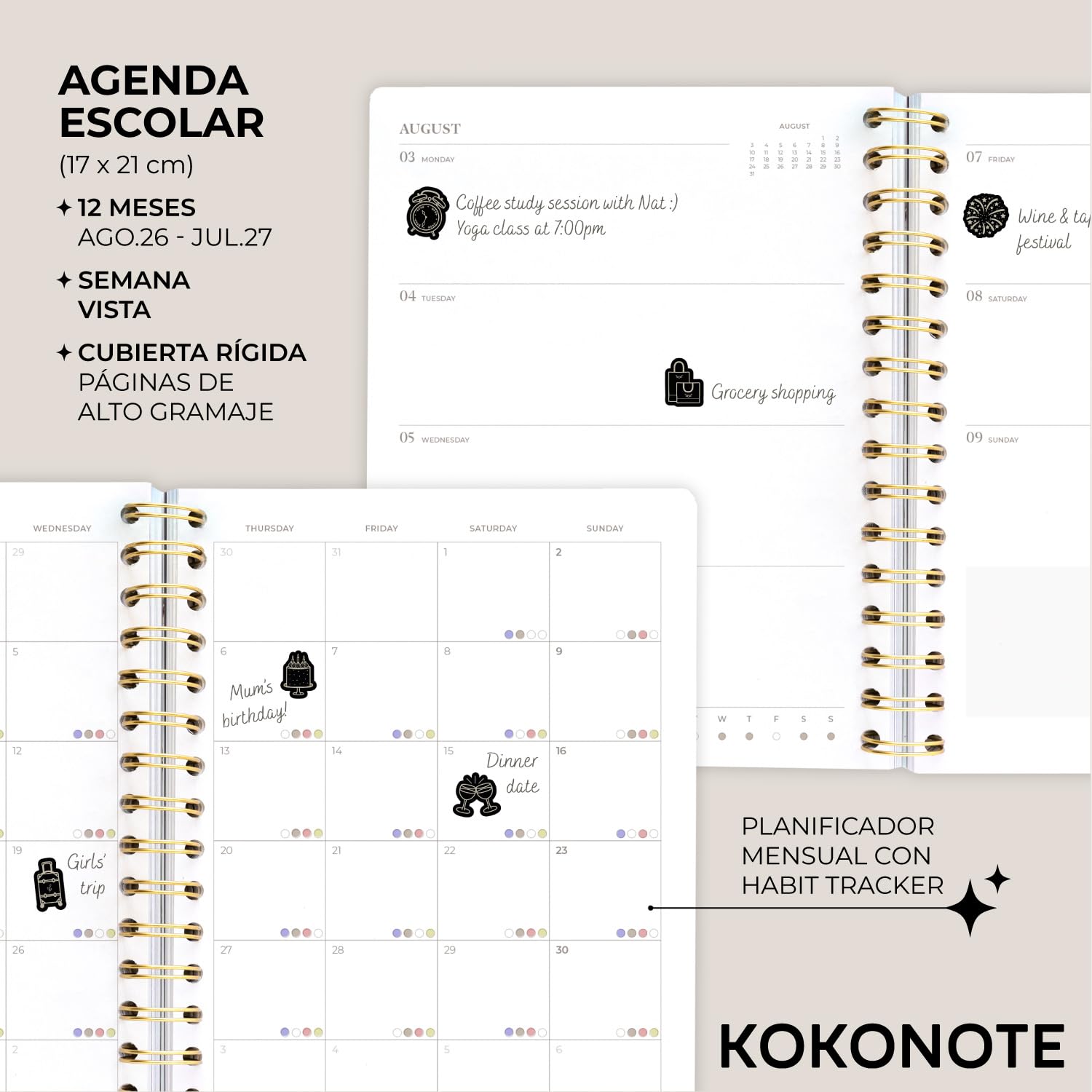 Kokonote Agenda 2026 2027 Semana Vista A5 Cherry | Agenda Escolar, Mujer Universitaria, Oposiciones o Insituto, Págs. Alto Gramaje, Con Pegatinas y apartados funcionales