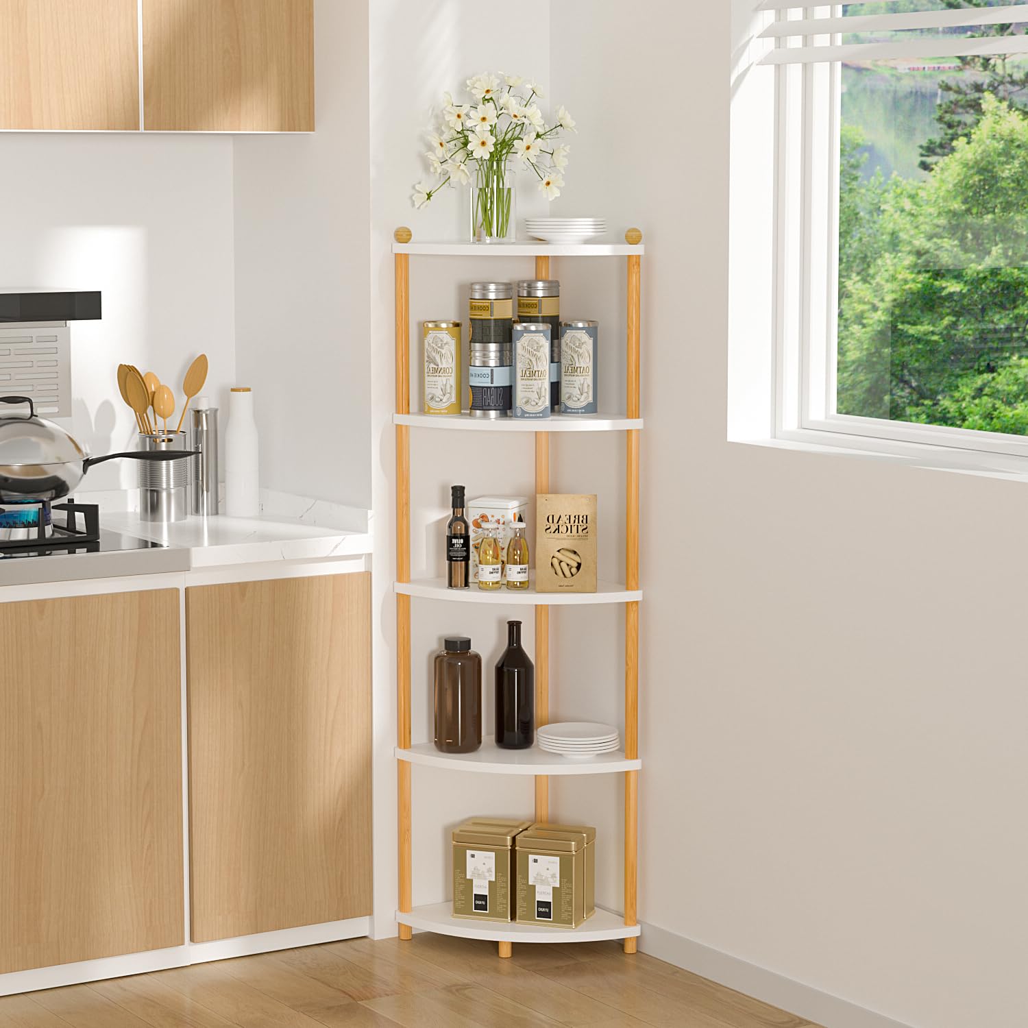 EstanterÍa de Esquina de 5 Estantes, Estanteria Esquinera de Madera, Estante Abierto para Cocina Sala de Estar Dormitorio Espacios pequeños Pasillo Oficina