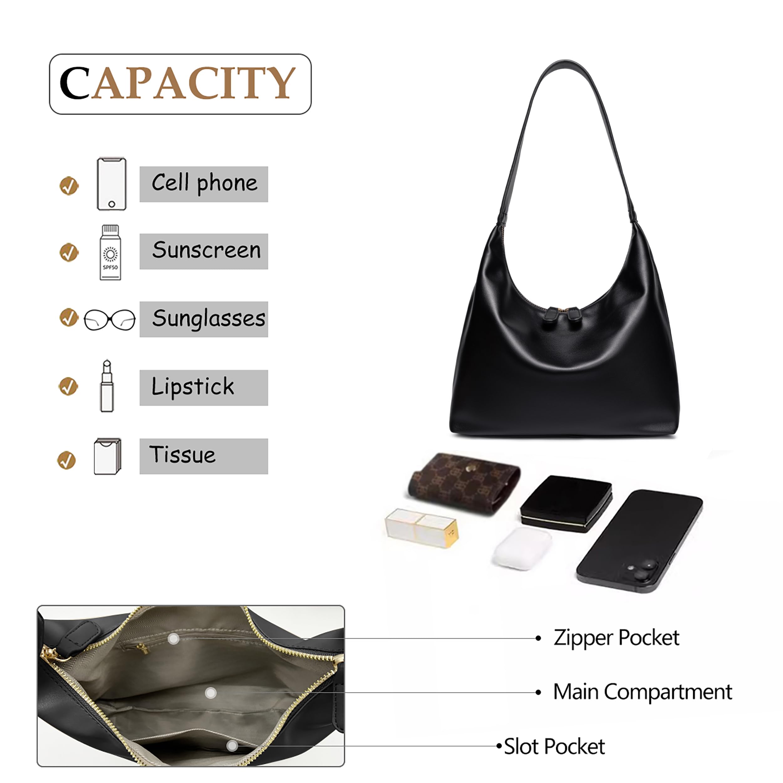 Bolsos hobo de cuero para mujer, bolso pequeño y suave con diseño de doble cremallera 2024