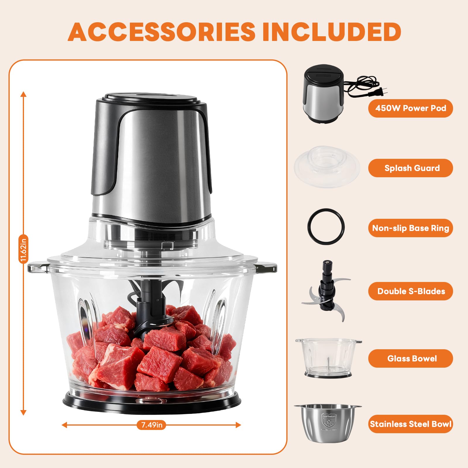 OLIXIS Electric Food Processor, 450W Meat Grinder & Vegetable Chopper with 2 Bowels for Home Use, Food Chopper with Double S-Blades for Vegetable, Onion, Garlic, Meat, Nuts
