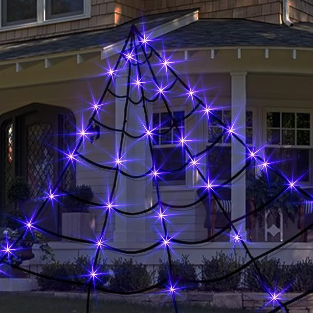 Eambrite Halloween Decorations Giant Spider Web with Purple Lights Light up Black Spiderweb Mains Powered Halloween Outdoor Lights Waterproof for Garden Yard Décor (5m/16ft)