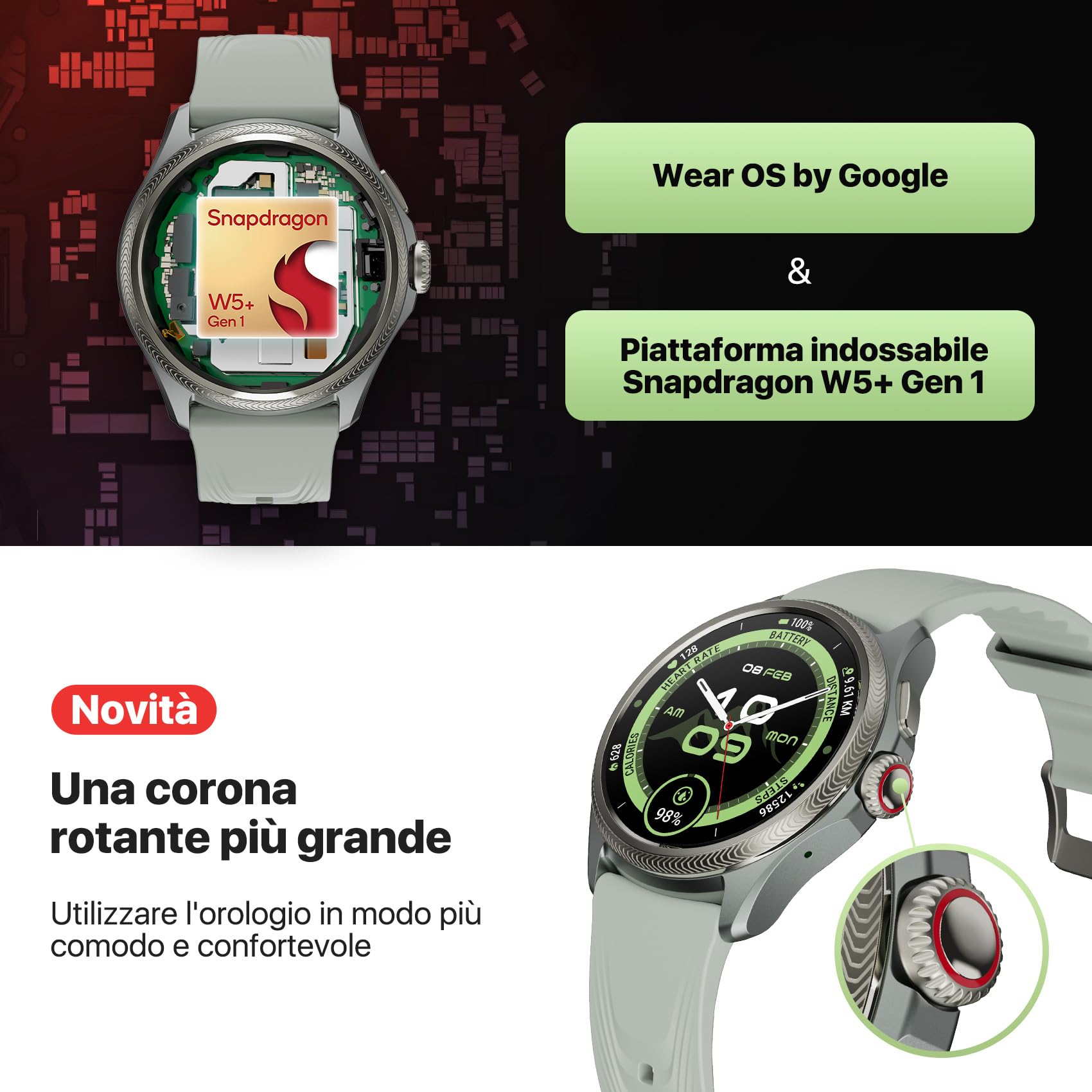 TicWatch Pro 5 Enduro Slate Smartwatch da uomo 1,43" Android Wear OS Smart Watch 90 ore di batteria 110+ modalità di allenamento 7/24 frequenza cardiaca Salute GPS Bussola Non compatibile con iPhone