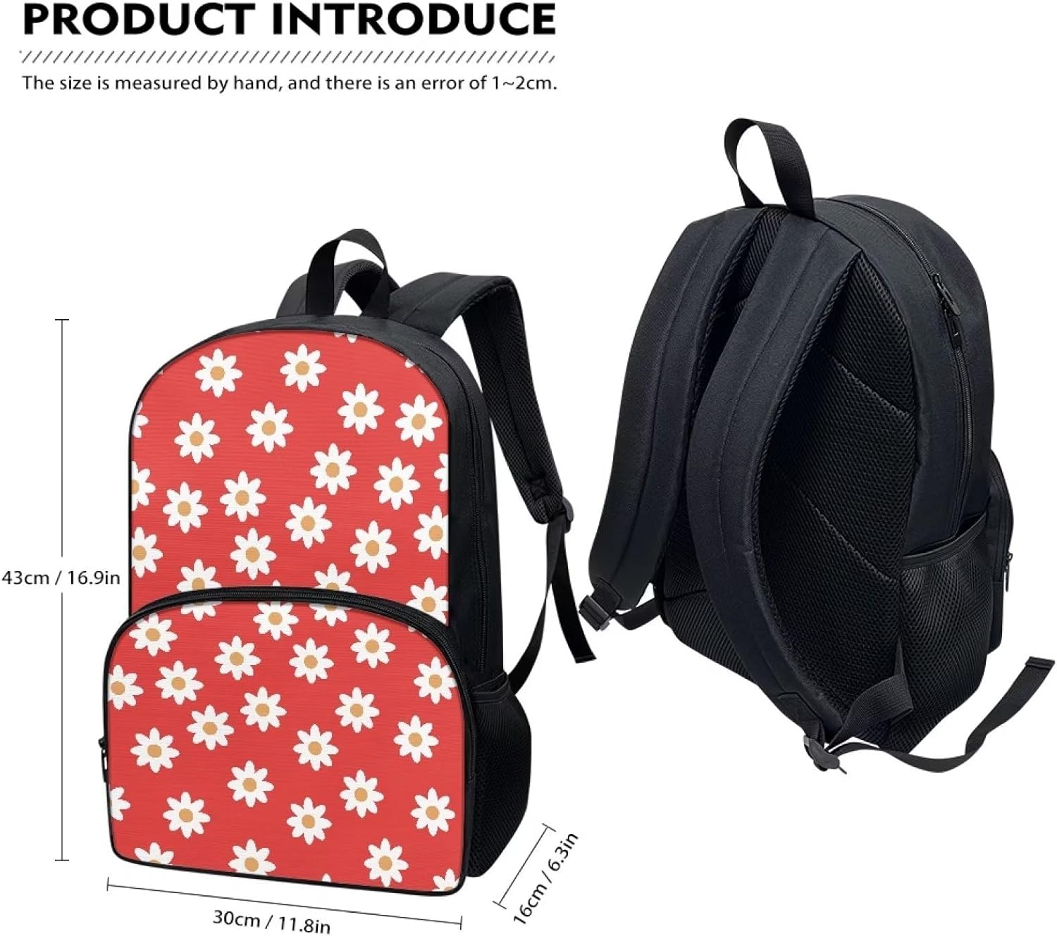 Little Flowers Backpacks for Girls Student Durable Lightweight Large Capacity 17 Inch Cute Red School Backpack Kids Double Zipper Bookbag Travel Daypack with Front Pocket