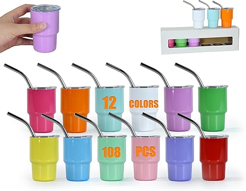 AGH 108 vasos de 3 onzas con popote y tapa, vasos de sublimación de acero inoxidable de color, vasos de doble pared con aislamiento al vacío