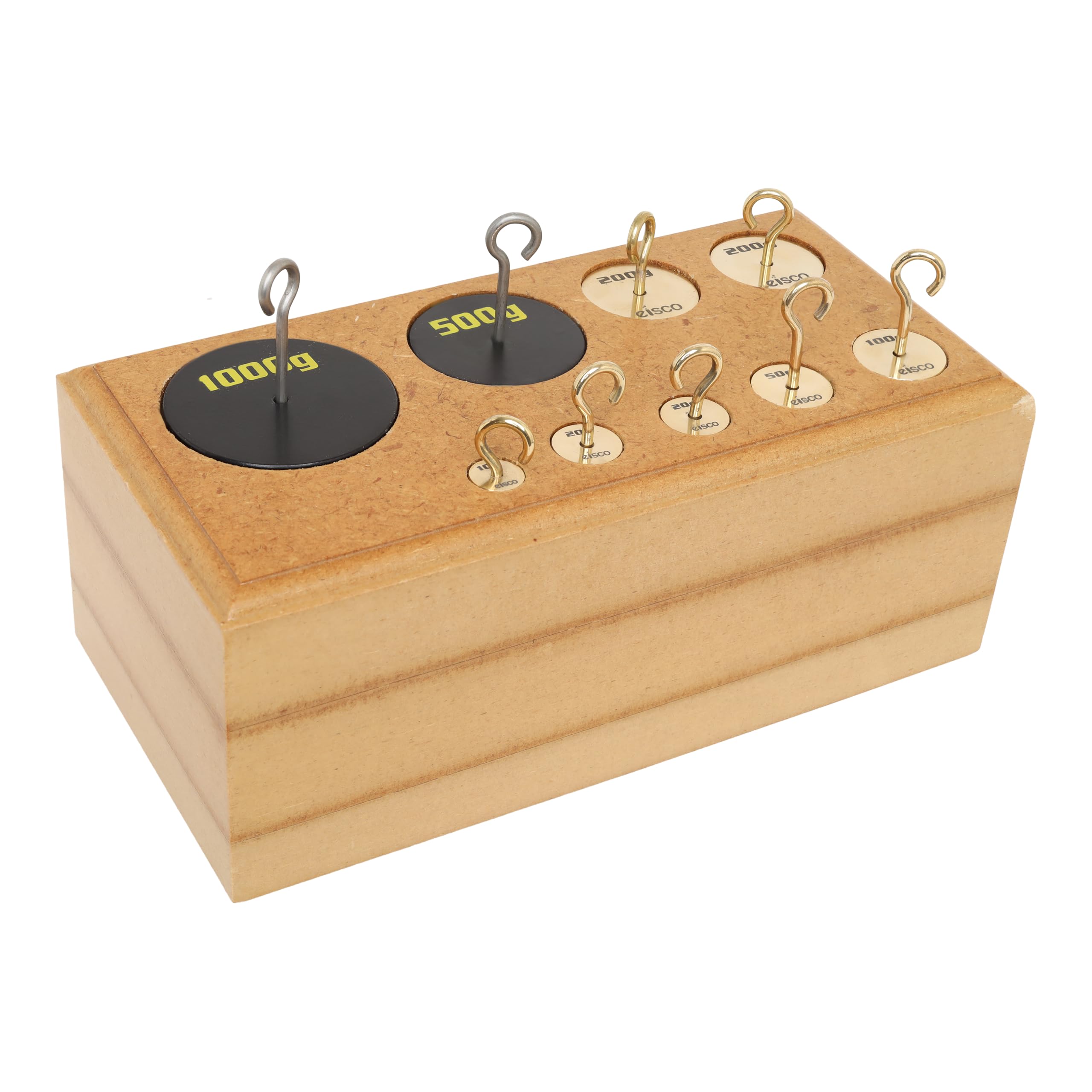 Eisco Labs - Juego de 9 pesos de latón con gancho (10 a 1000 g, bloque de madera)