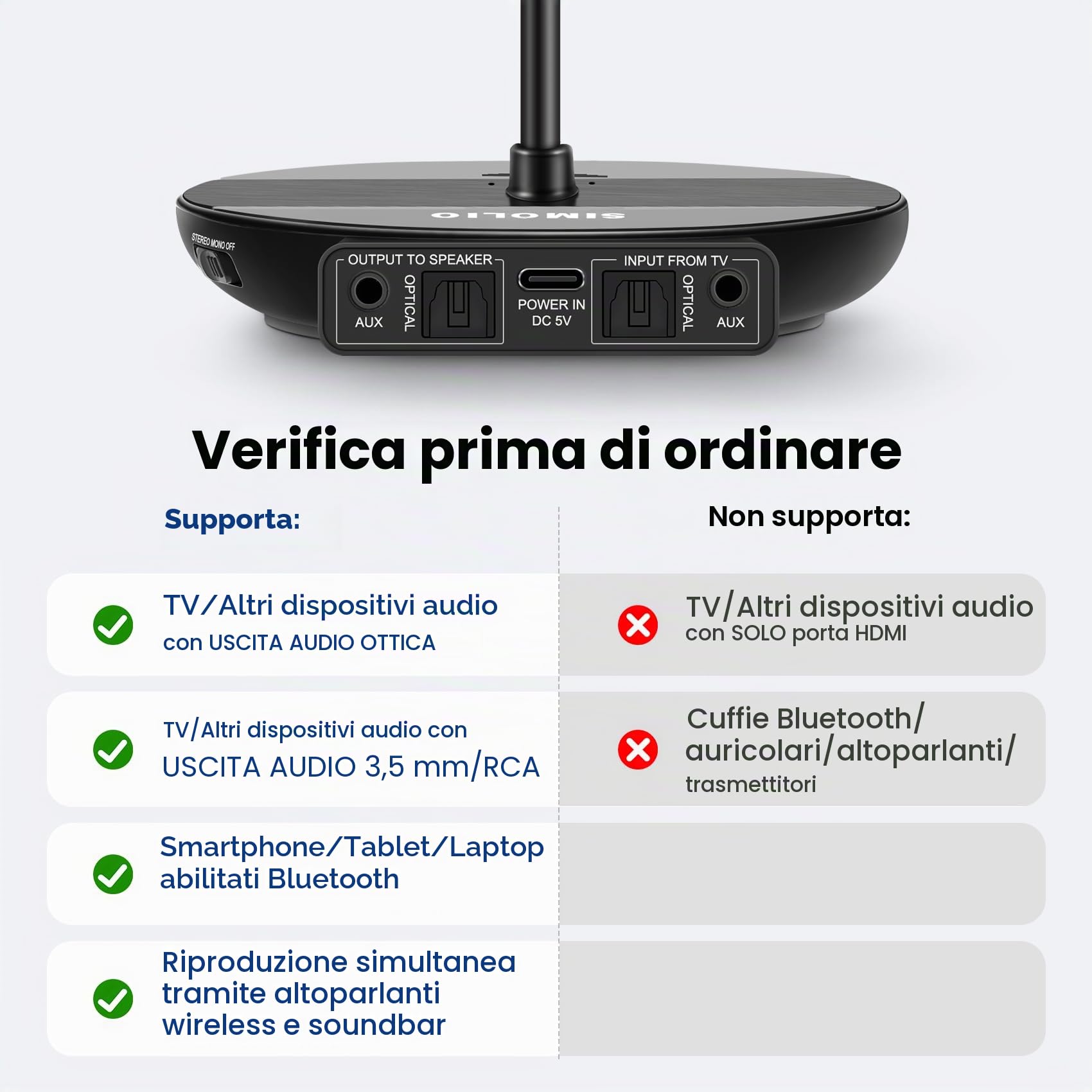 SIMOLIO Cuffie Wireless per TV con Dialogo Chiaro, Cuffie Bluetooth per TV Senza Fili con Batteria di Ricambio, Comodo da Usare per gli Anziani, by-Pass, Trasmettitore Supporto di Ricarica 2 in 1