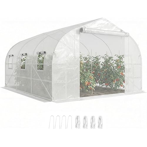 Outsunny 10' x 11' x 6' Walk-in Tunnel Greenhouse with Shelves, Plant Hot House with PE Cover, Mesh Door and Windows, Outdoor Green House for Patio Lawn Garden, White