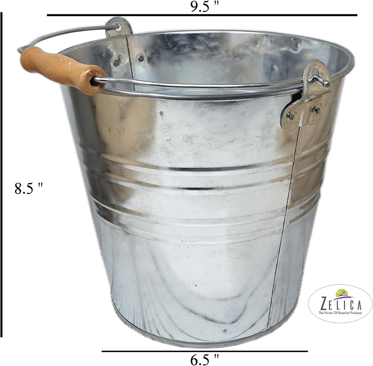 Large Metal Bucket 1.875 Gallon (4 Pack) Pail Tins Silver w/Wood Handle Retro Look for Planter or décor, Gifts Basket, Ice, Top 9.5 Height 8.5, Bottom 6.5 Inch