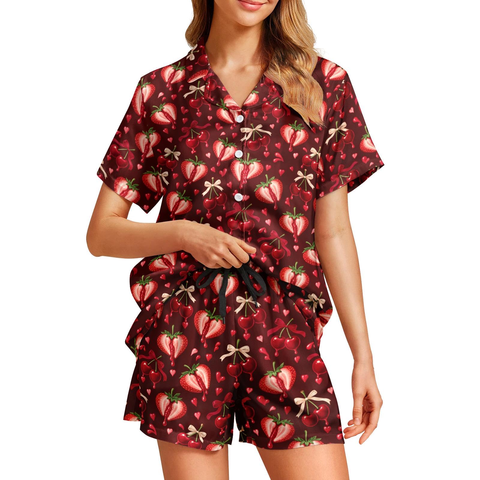 Funny Pajamas for Women Set Print Satin Loungewear Pjs Short Sleeve Button Down Top and Shorts Sets Sleepwear XS-3XL
