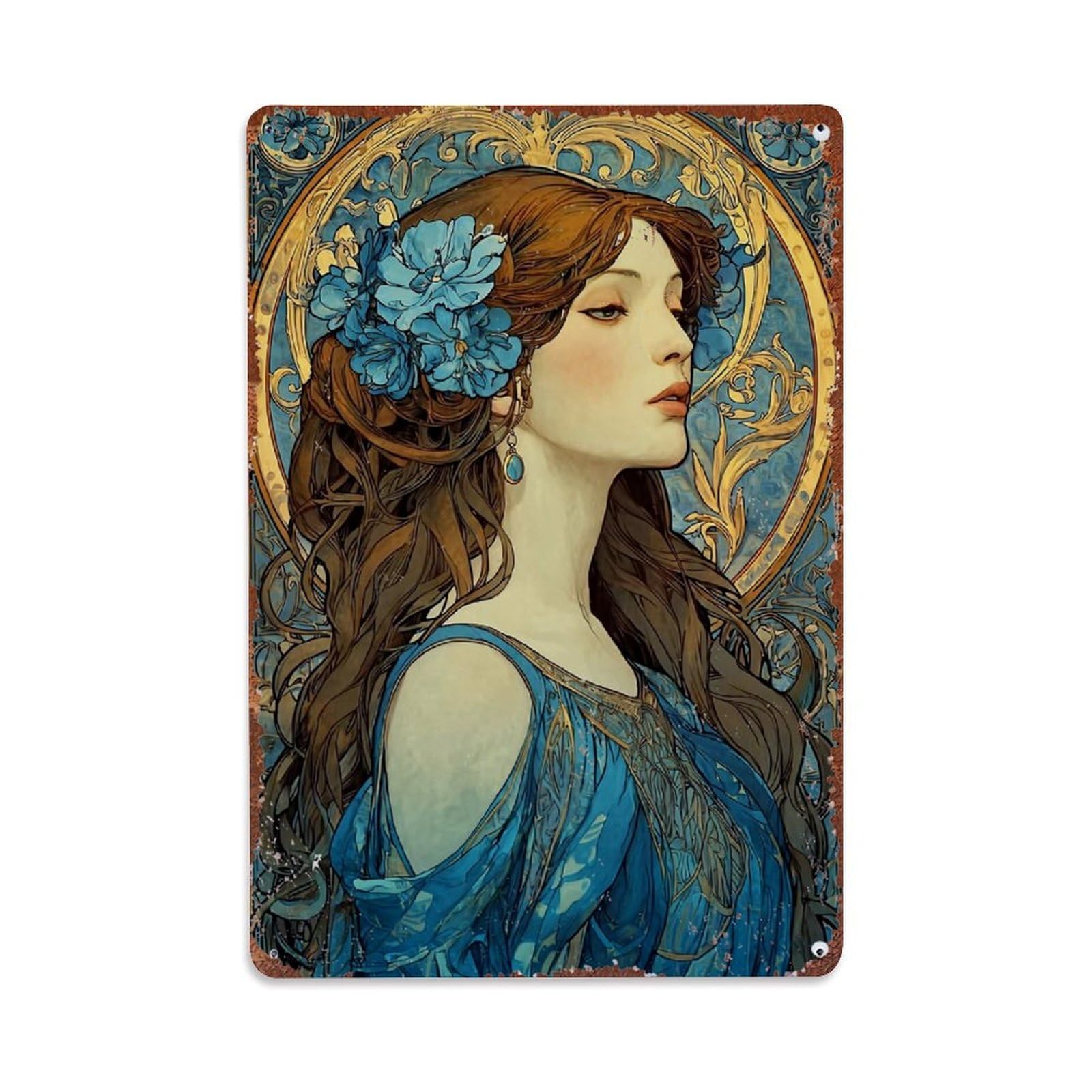 Bliveurn Vintage Art Nouveau Woman Floral Portrait Retro Metal Tin Sign, Metal Poster For Home, Gaming Room, Studio Workshop,Bar,Garage Wall Art Decor 8X12 Inch