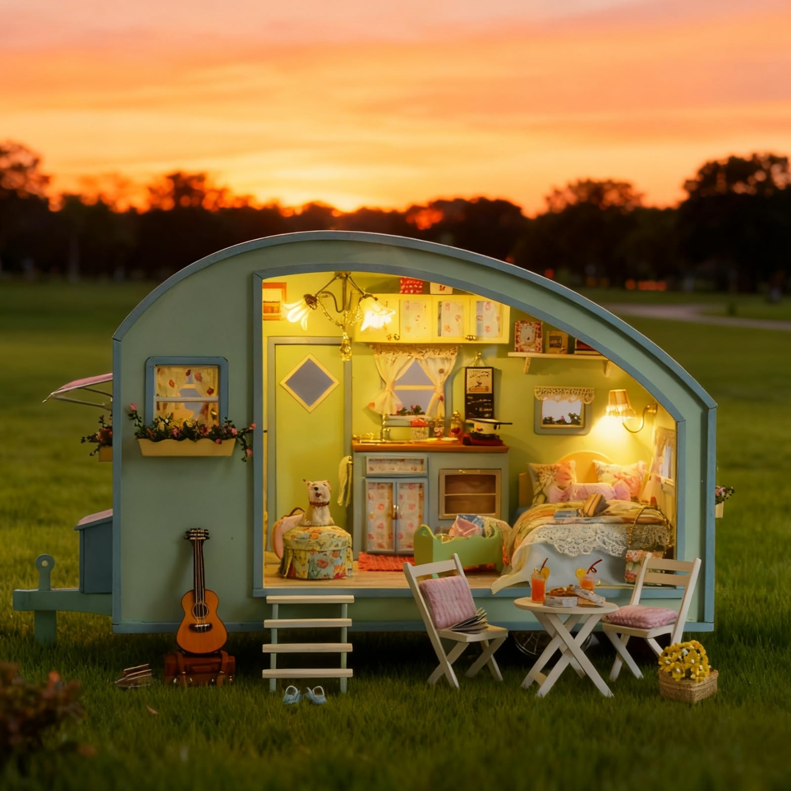 DIY Miniature House Kits for Adult, Wooden Dolls House Handcraft Creative Room for Decoration, Model House Kit with Furniture- Caravan Time Travel