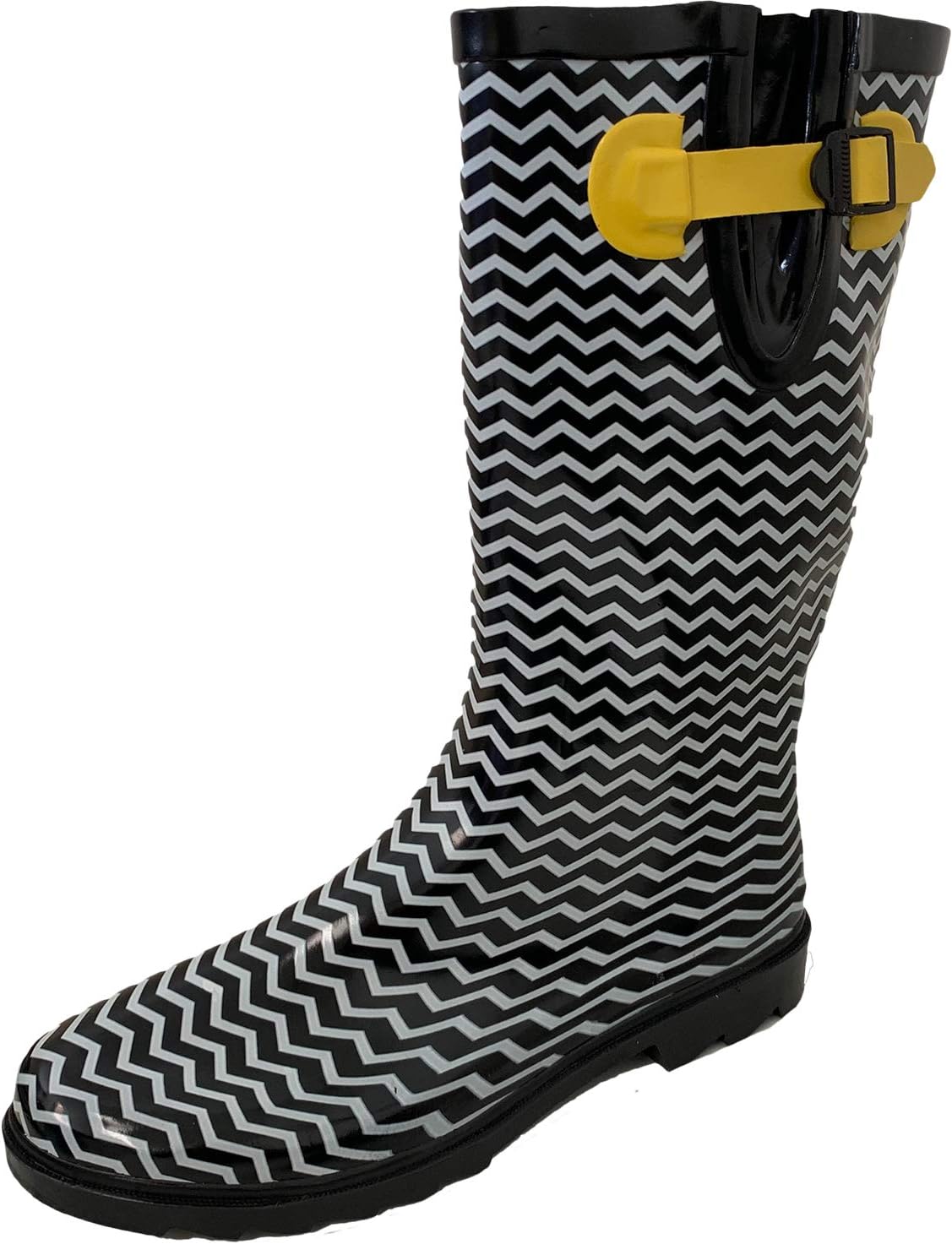 G4U Women's Rain Boots Multiple Styles Color Mid Calf Buckle Fashion Rubber Knee High Snow Shoes (10 B(M) US, Black/White Chevron)